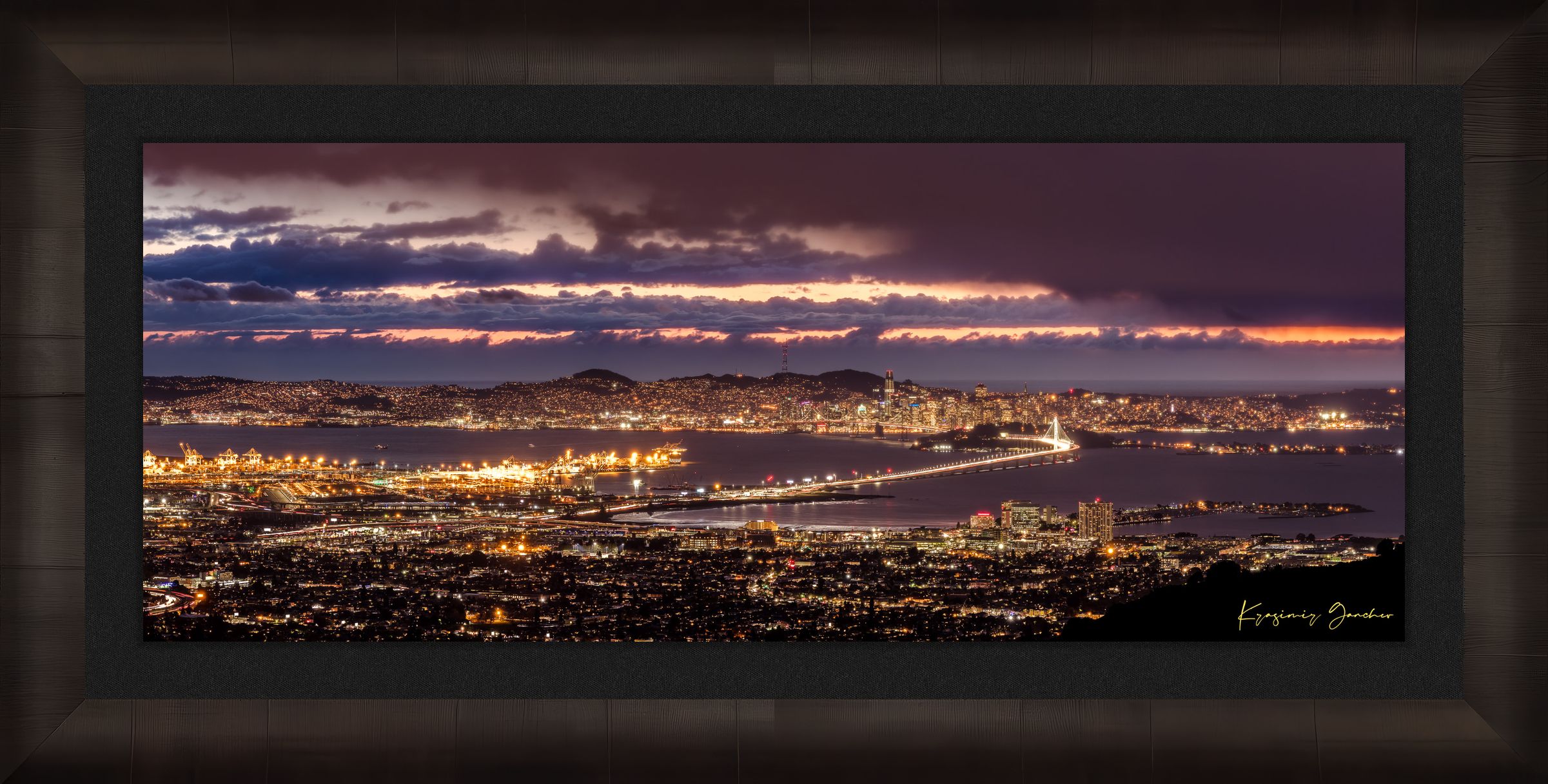 Landscape photograph of Golden Gate Bridge illuminated at night over San Francisco Bay under cloudy skies. #Finish_Roma Dark Ash Frame & Dark Liner