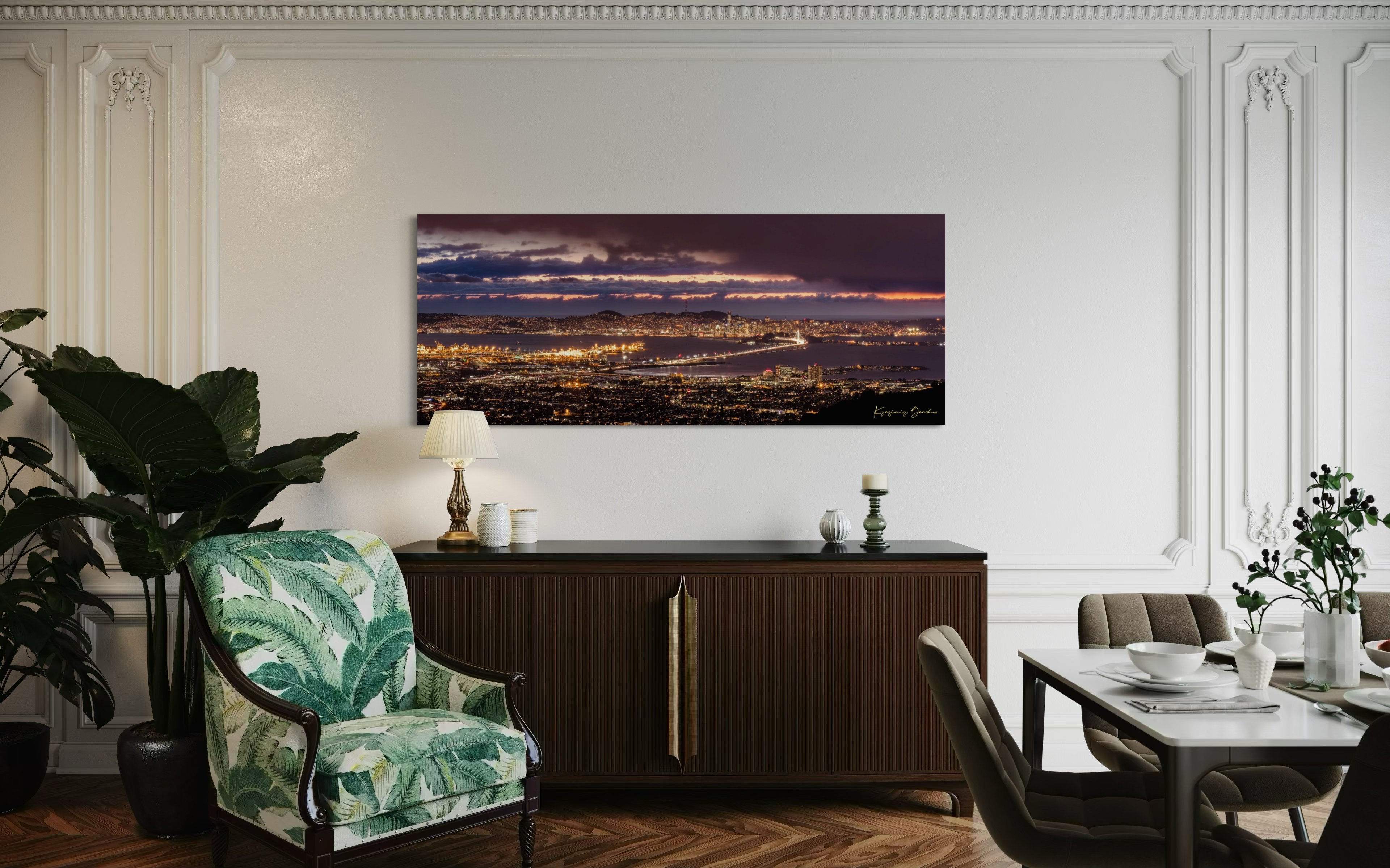 Landscape photograph of Golden Gate Bridge illuminated at night over San Francisco Bay under cloudy skies. #Finish_Acrylic Recess