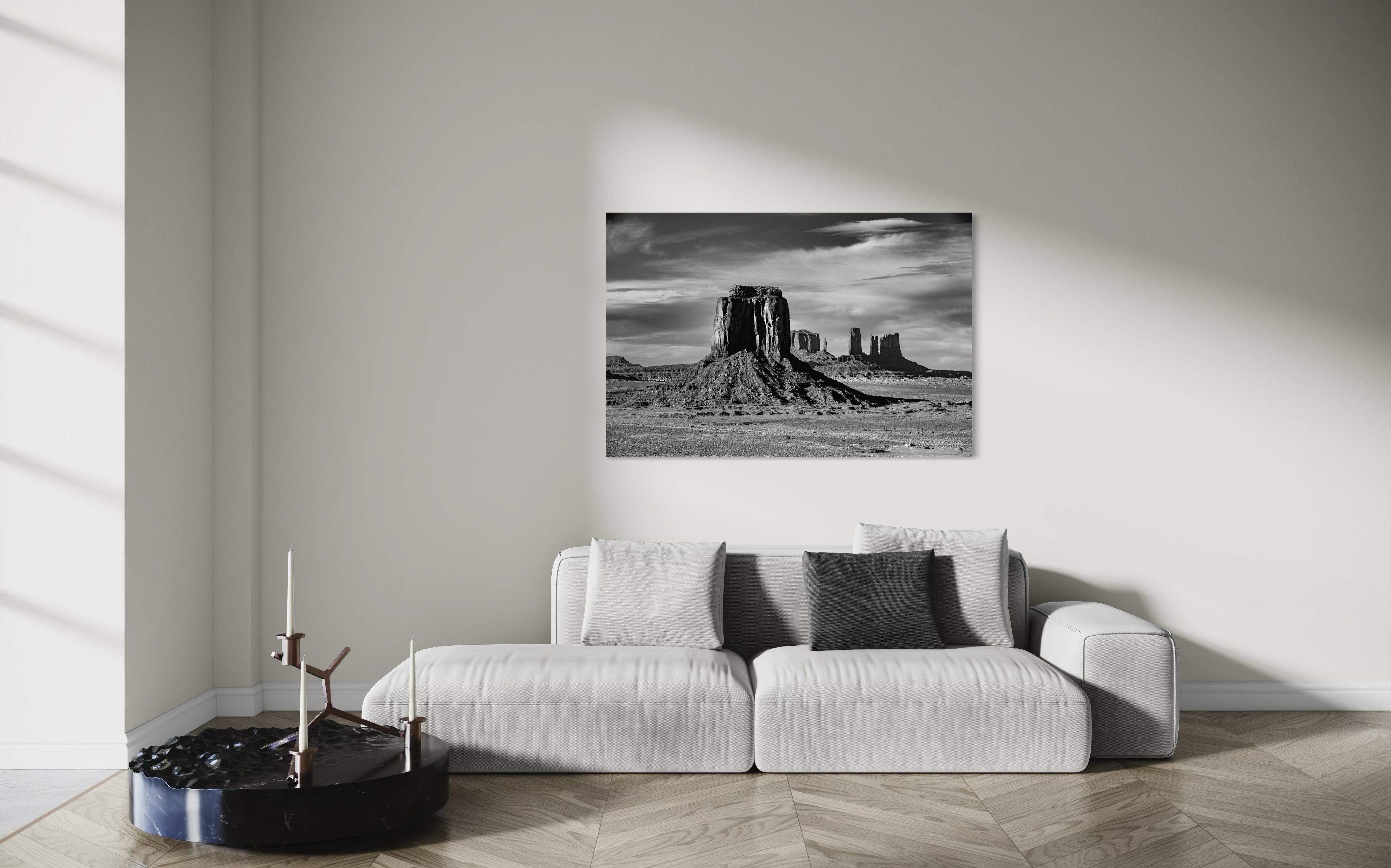 Timeless black and white landscape of Monument Valley's towering formations under dawn skies with soft cloud cover. #Finish_Acrylic Recess
