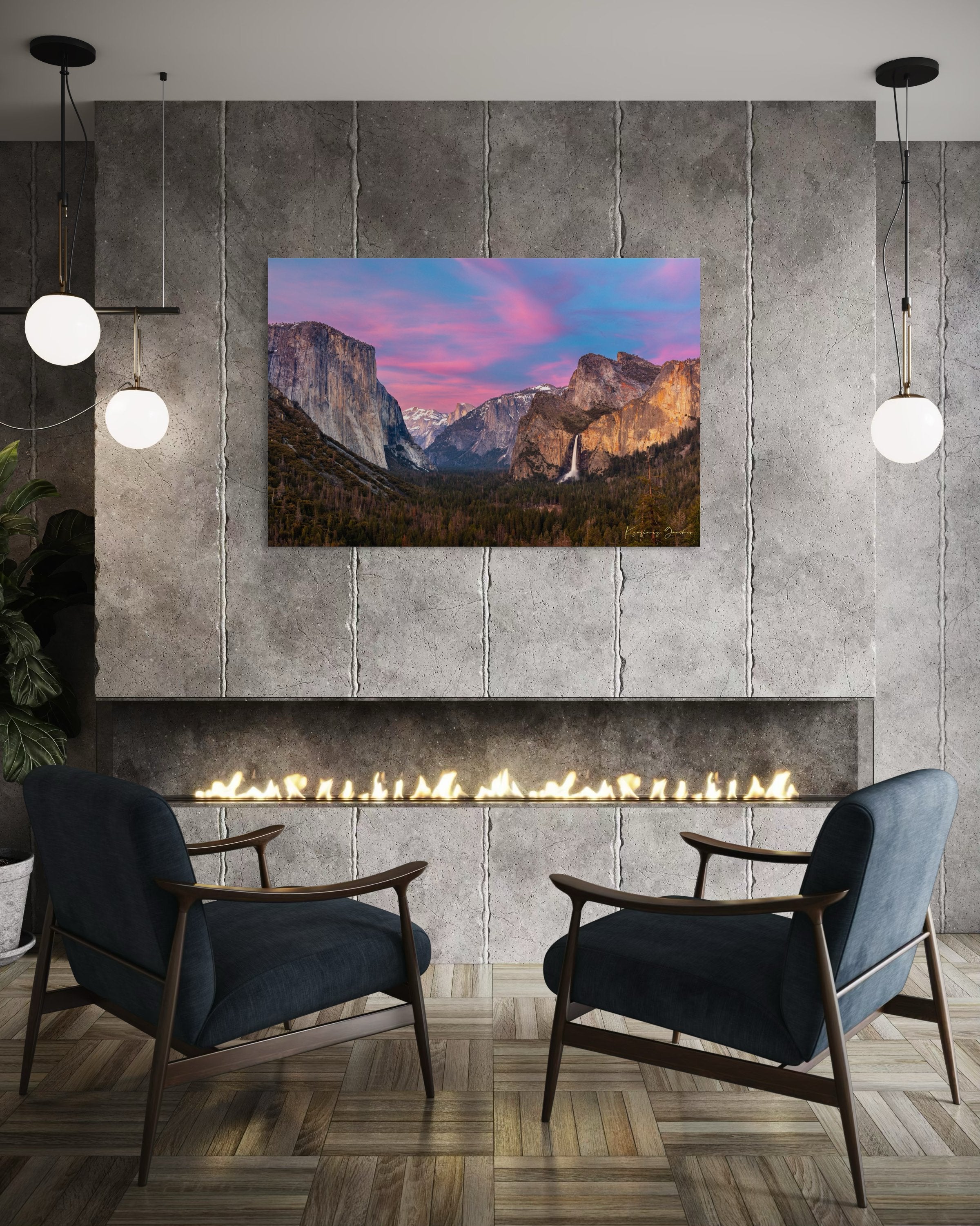 Yosemite Valley view of El Capitan monolith beneath snowy peaks, soft rose-lavender sky and cloud-covered horizon. #Finish_Acrylic Recess