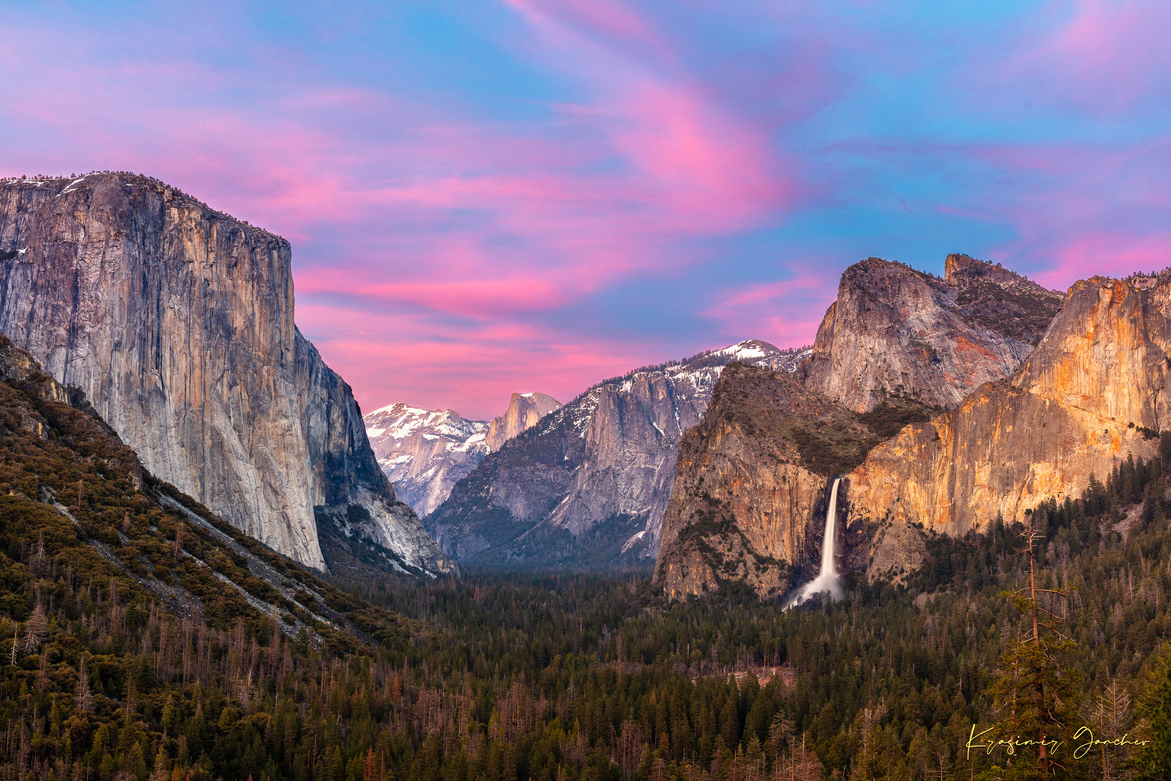 Yosemite Valley view of El Capitan monolith beneath snowy peaks, soft rose-lavender sky and cloud-covered horizon. #Finish_Acrylic Recess