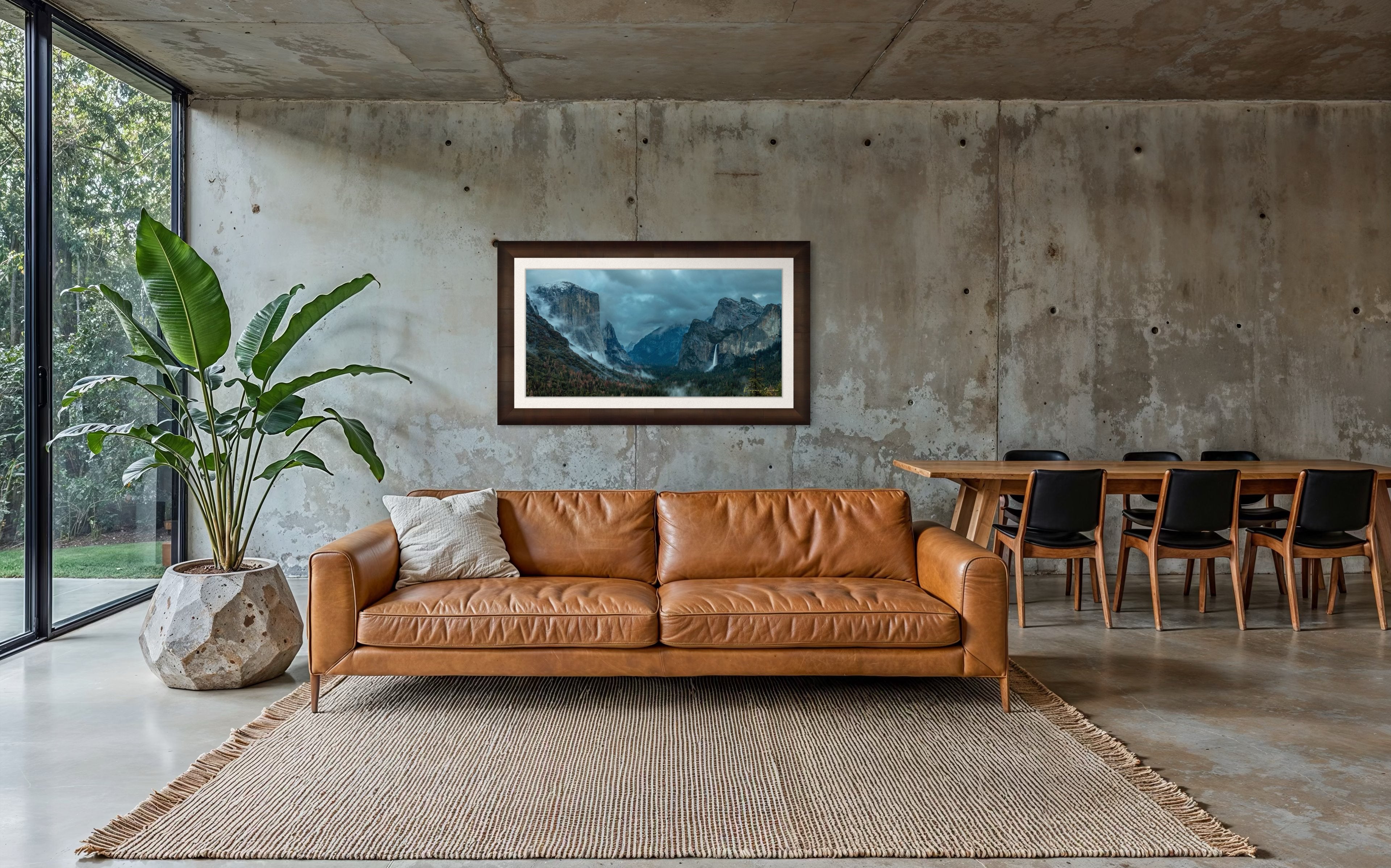 Bridalveil Falls surrounded by mist and clouds in Yosemite Valley during twilight, shadowed monoliths visible. #Finish_Roma Cigar Leaf Frame & Bright Liner