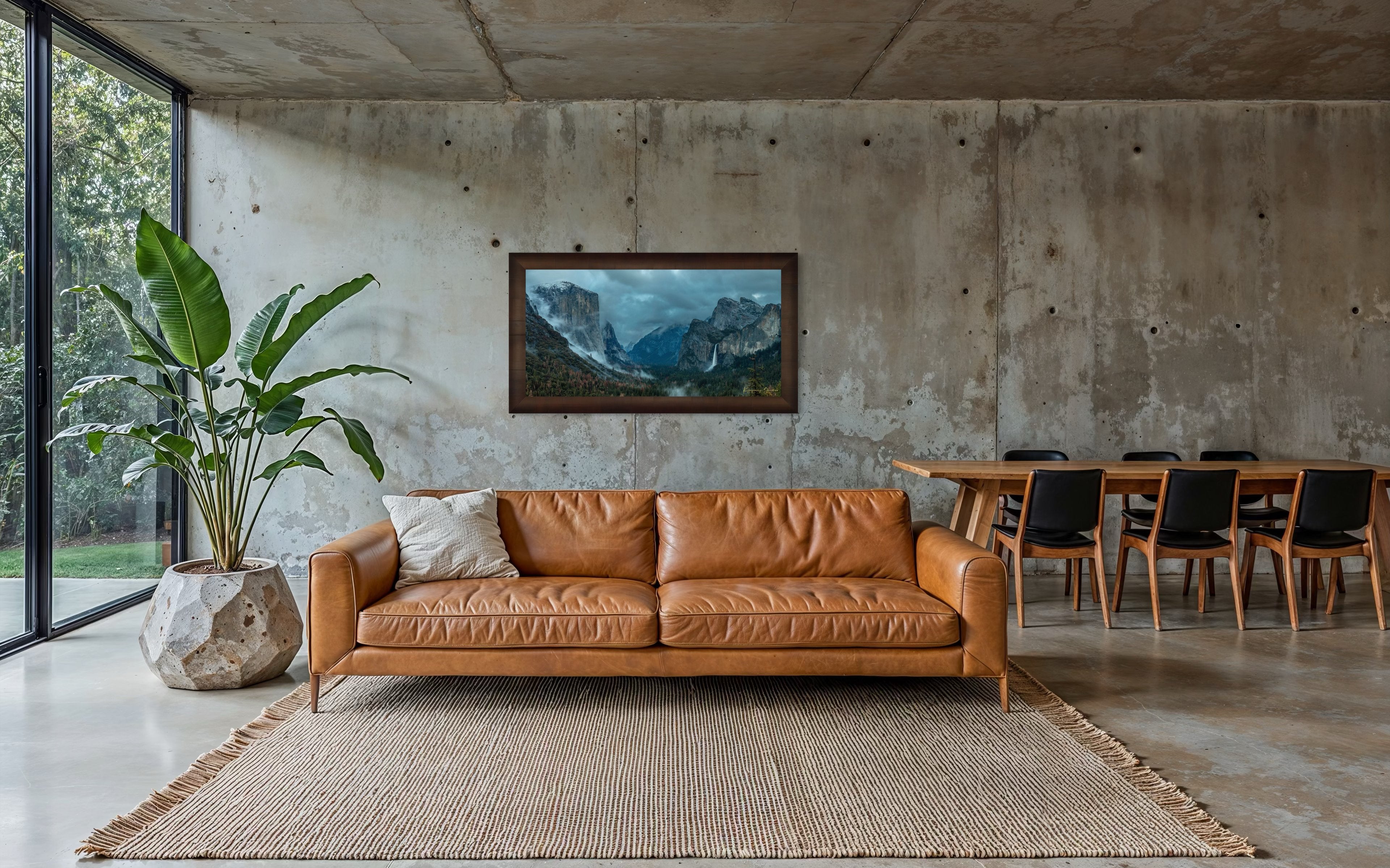 Bridalveil Falls surrounded by mist and clouds in Yosemite Valley during twilight, shadowed monoliths visible. #Finish_Roma Cigar Leaf Frame