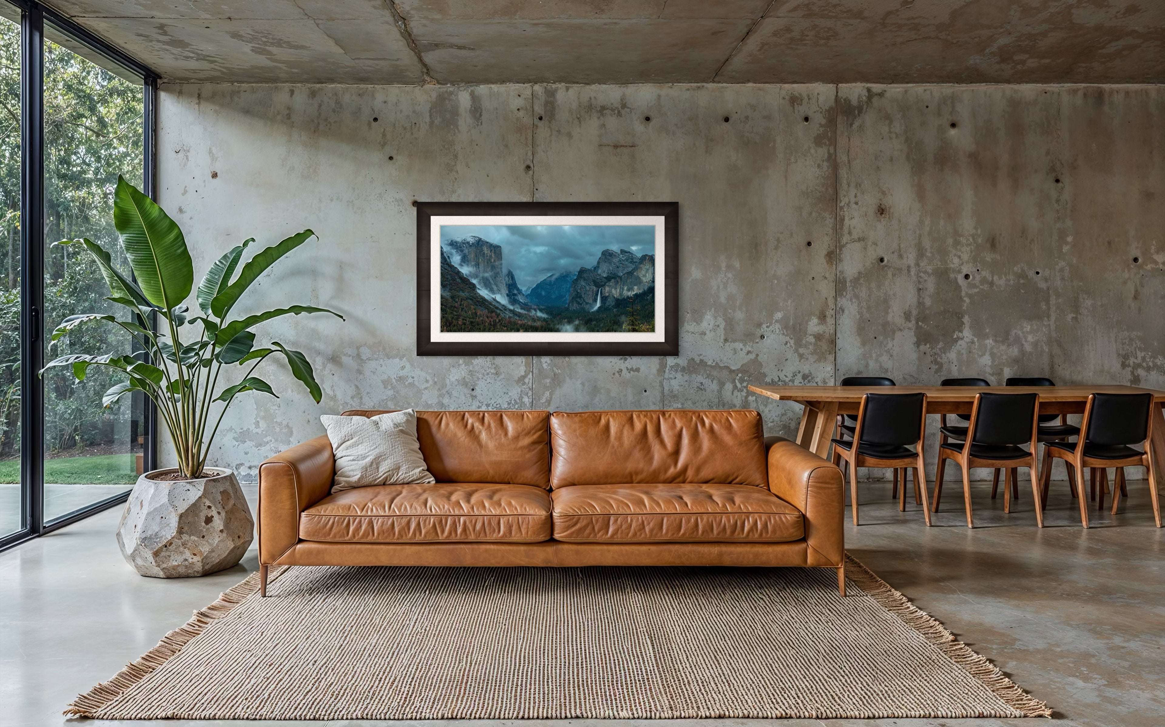 Bridalveil Falls surrounded by mist and clouds in Yosemite Valley during twilight, shadowed monoliths visible. #Finish_Roma Dark Ash Frame & Bright Liner