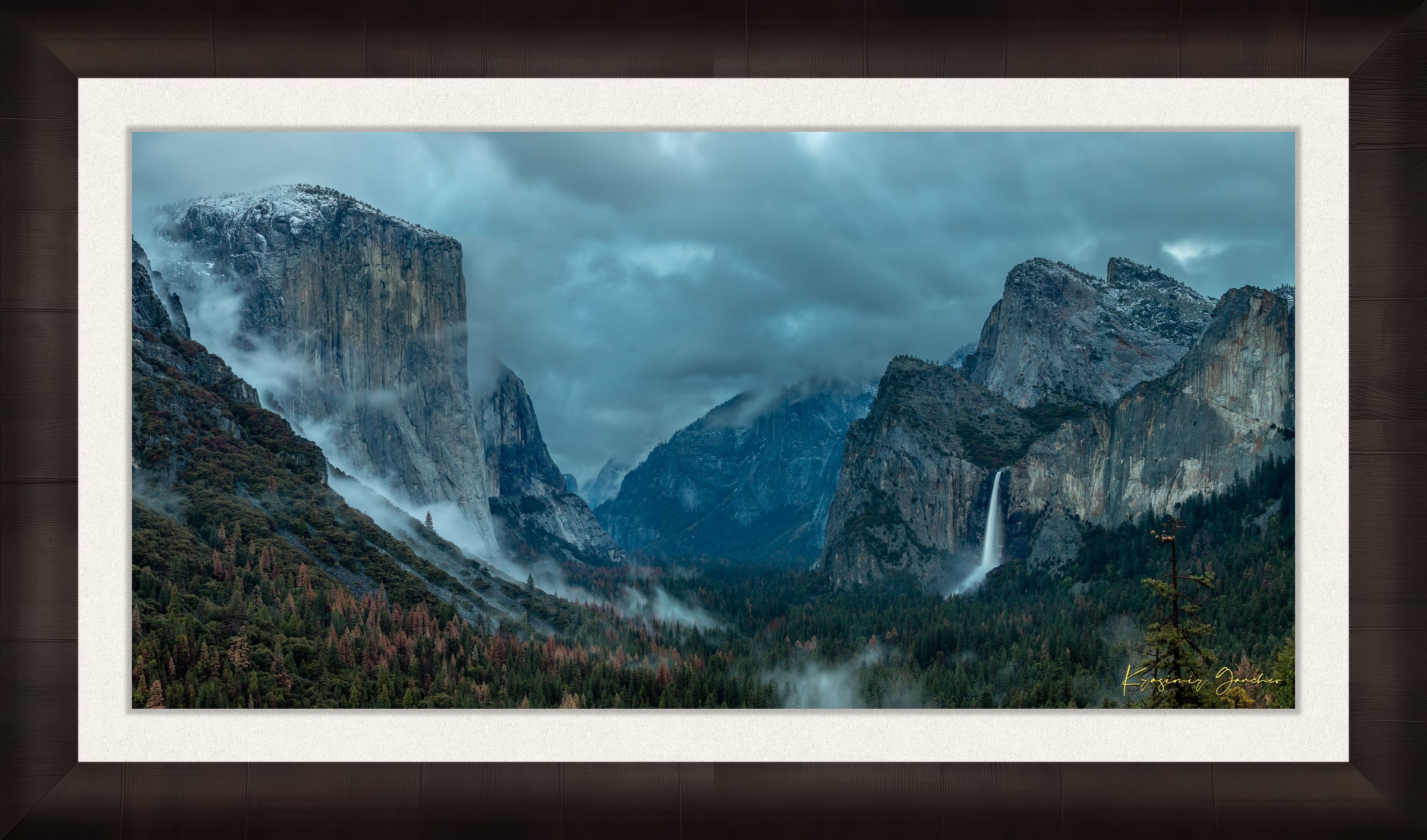 Bridalveil Falls surrounded by mist and clouds in Yosemite Valley during twilight, shadowed monoliths visible. #Finish_Roma Dark Ash Frame & Bright Liner