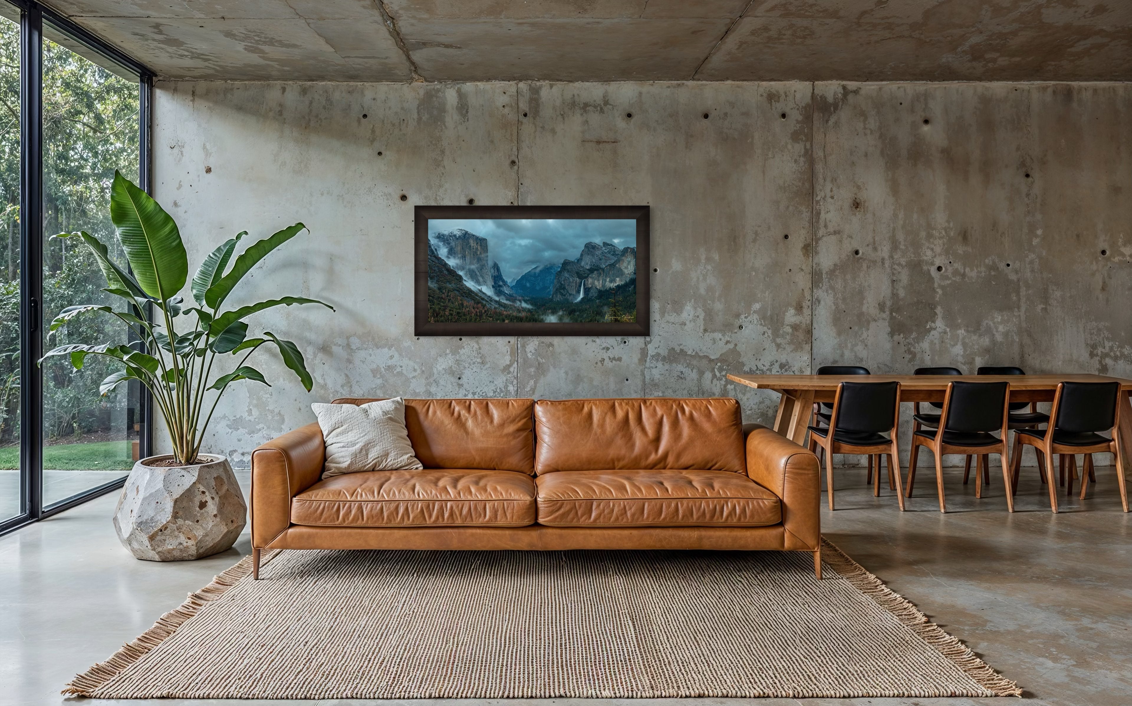 Bridalveil Falls surrounded by mist and clouds in Yosemite Valley during twilight, shadowed monoliths visible. #Finish_Roma Dark Ash Frame