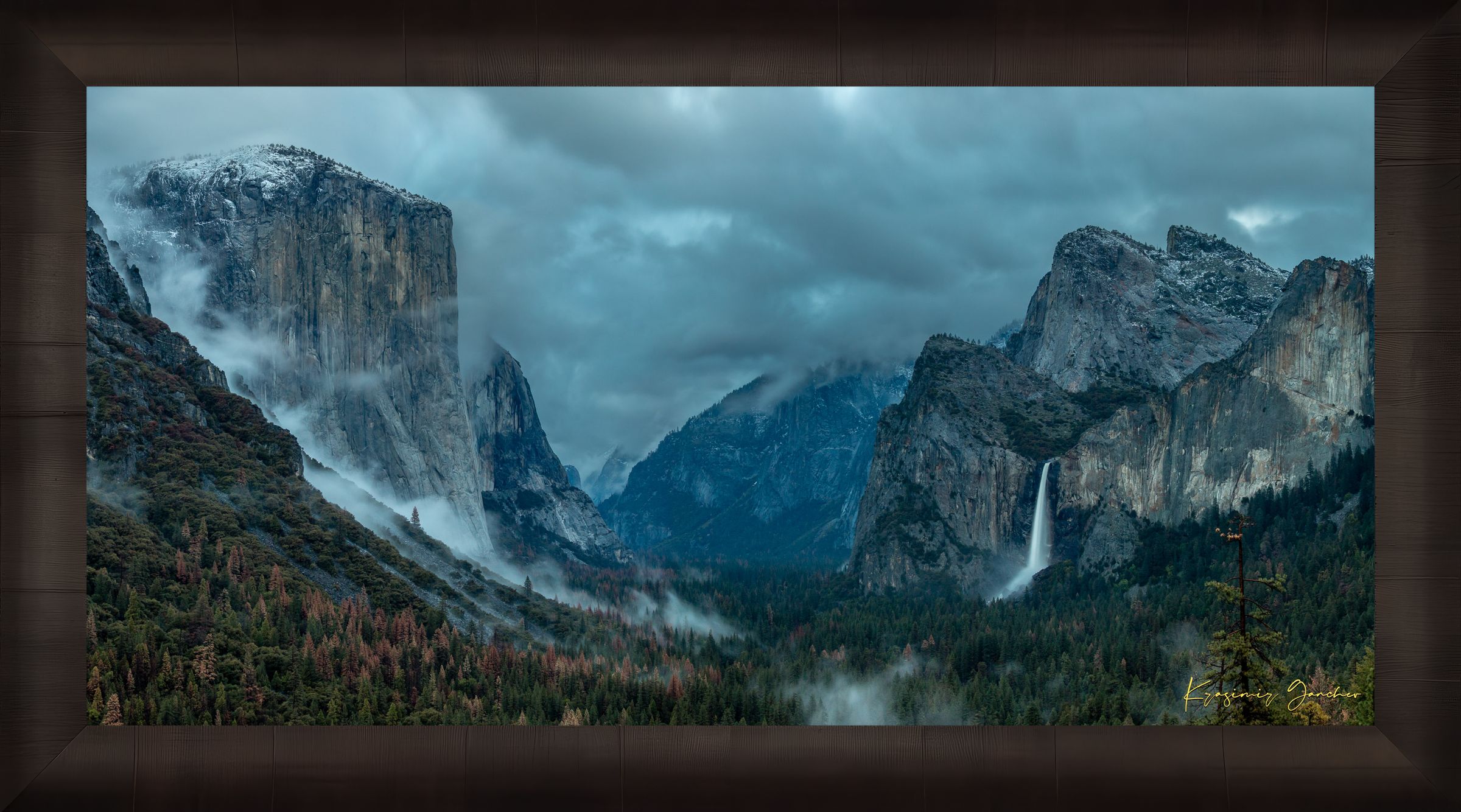 Bridalveil Falls surrounded by mist and clouds in Yosemite Valley during twilight, shadowed monoliths visible. #Finish_Roma Dark Ash Frame