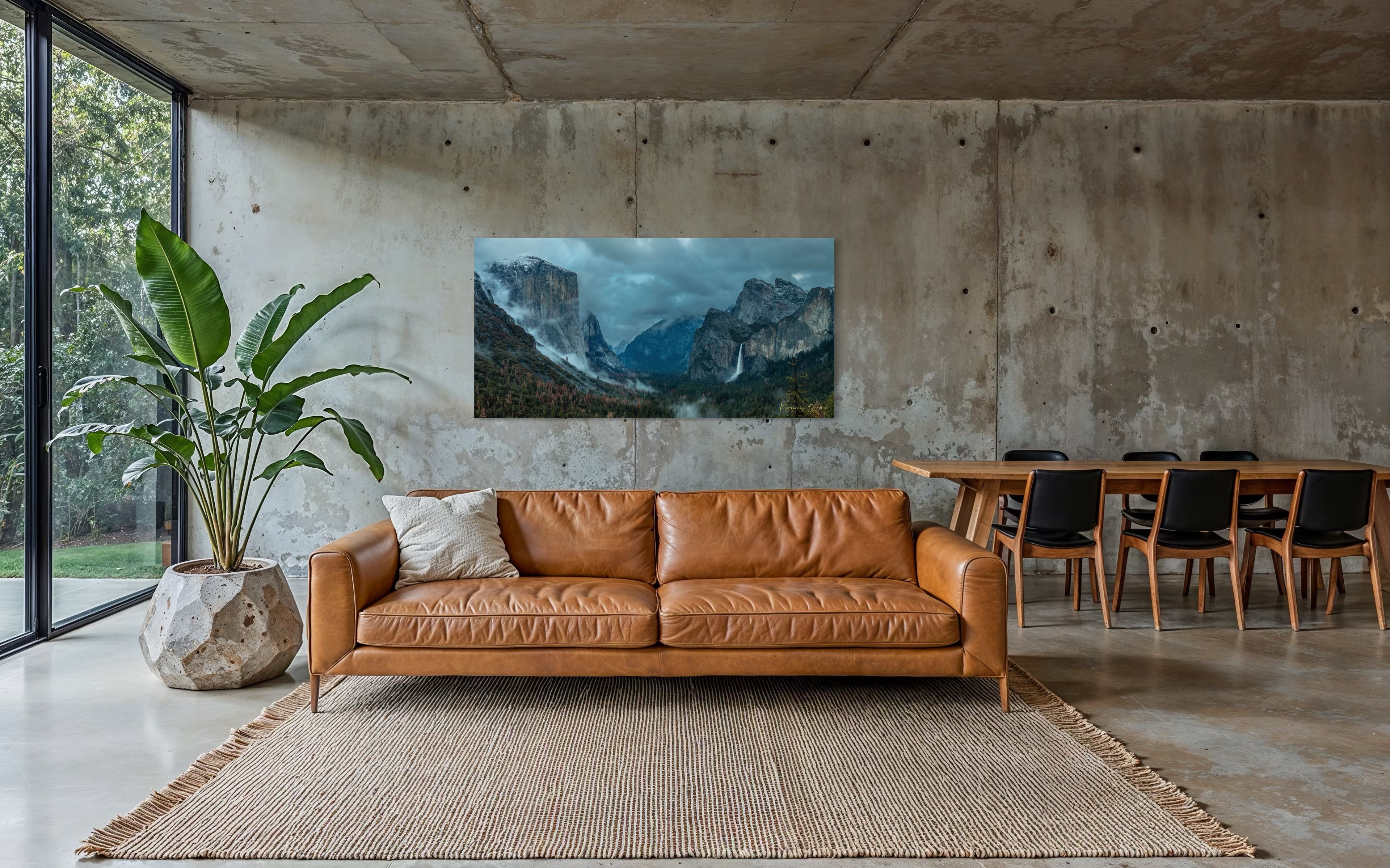 Bridalveil Falls surrounded by mist and clouds in Yosemite Valley during twilight, shadowed monoliths visible. #Finish_Acrylic Recess