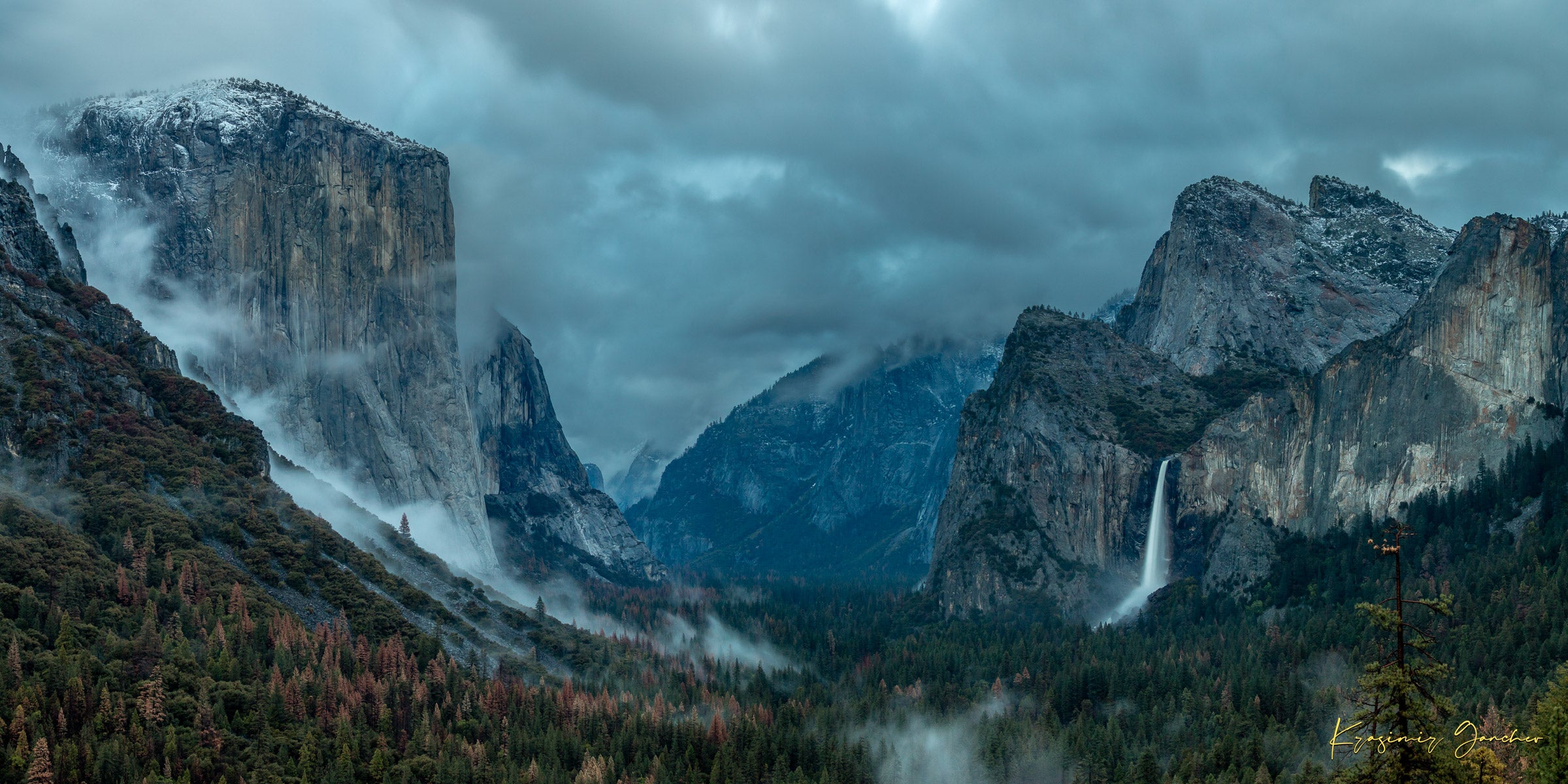 Bridalveil Falls surrounded by mist and clouds in Yosemite Valley during twilight, shadowed monoliths visible. #Finish_Acrylic Recess