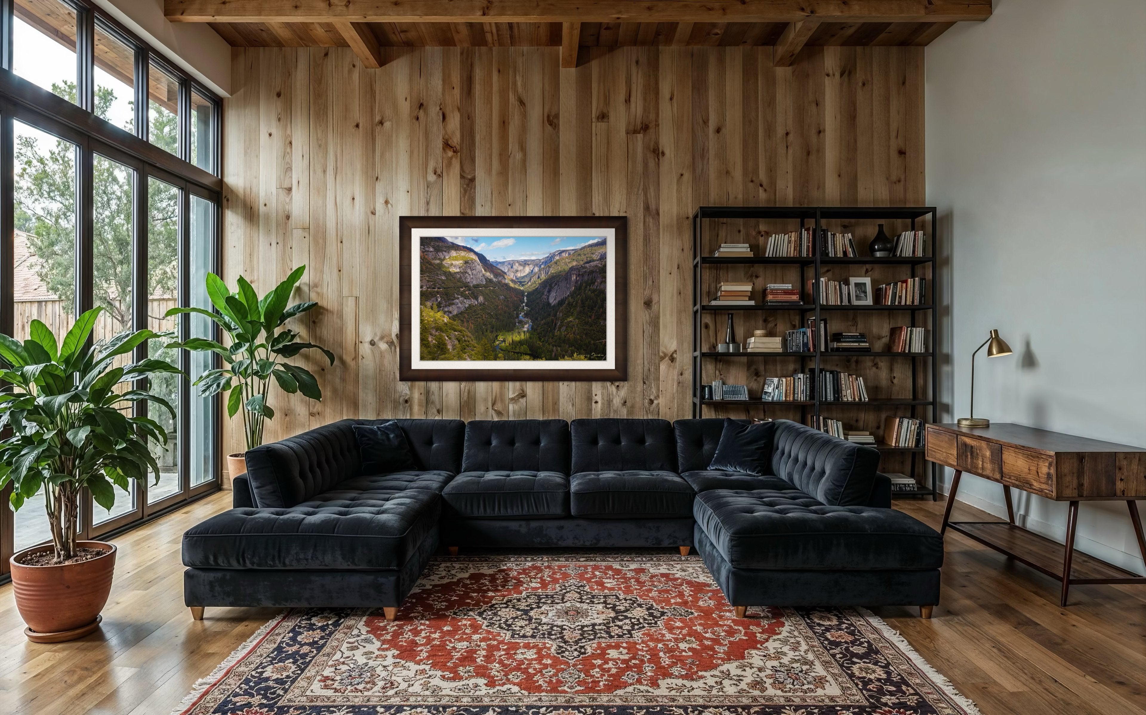 Merced River winding through a wooded valley in Yosemite National Park under daylight and soft evening sun with scattered clouds. #Finish_Roma Cigar Leaf Frame & Bright Liner