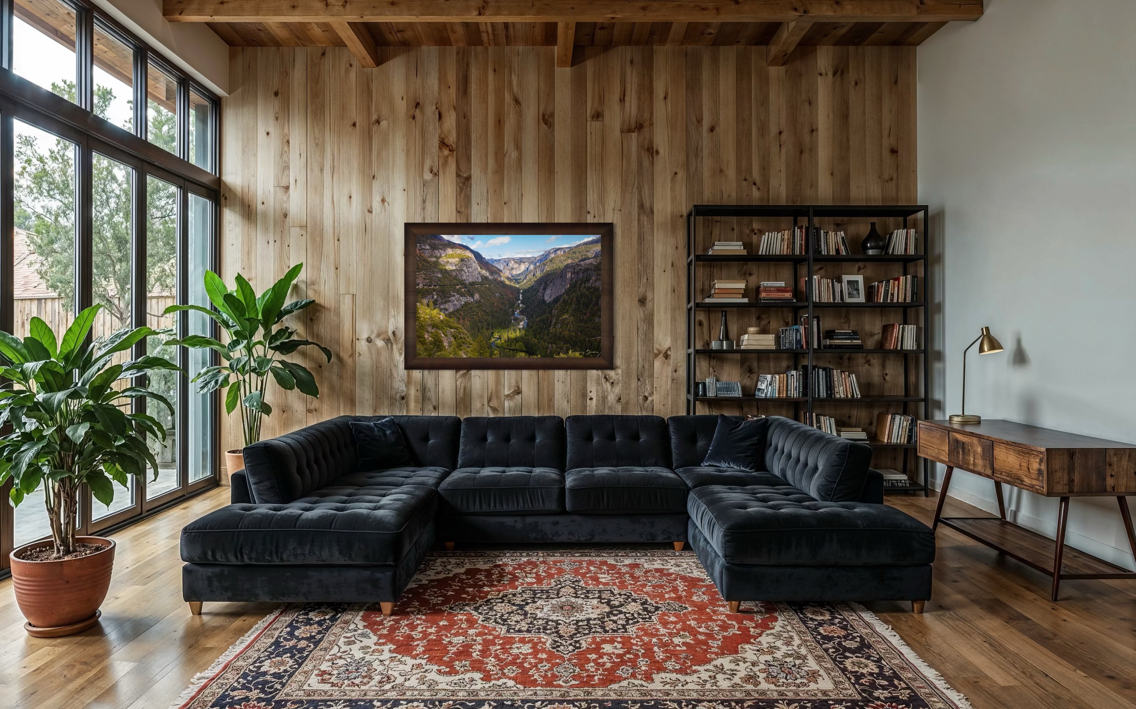 Merced River winding through a wooded valley in Yosemite National Park under daylight and soft evening sun with scattered clouds. #Finish_Roma Cigar Leaf Frame