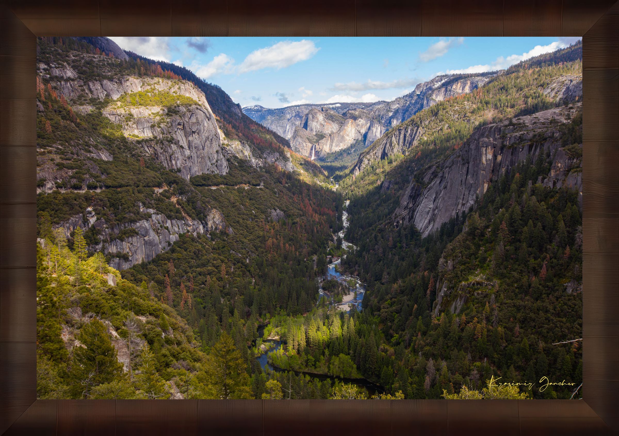 Merced River winding through a wooded valley in Yosemite National Park under daylight and soft evening sun with scattered clouds. #Finish_Roma Cigar Leaf Frame
