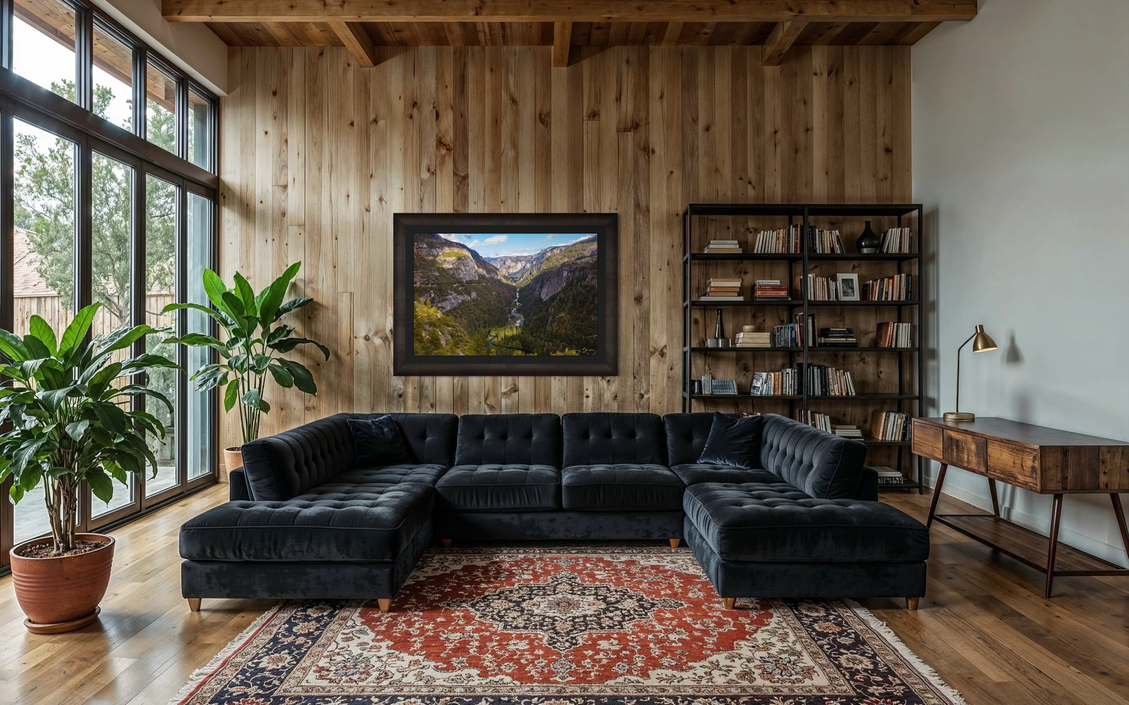 Merced River winding through a wooded valley in Yosemite National Park under daylight and soft evening sun with scattered clouds. #Finish_Roma Dark Ash Frame & Dark Liner