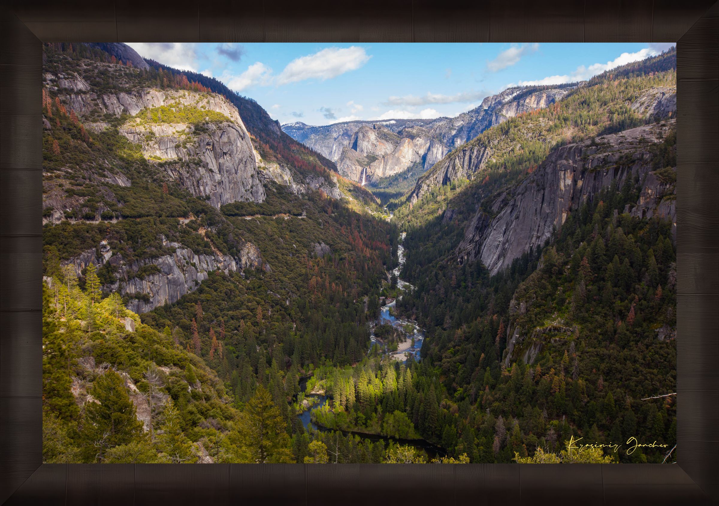 Merced River winding through a wooded valley in Yosemite National Park under daylight and soft evening sun with scattered clouds. #Finish_Roma Dark Ash Frame