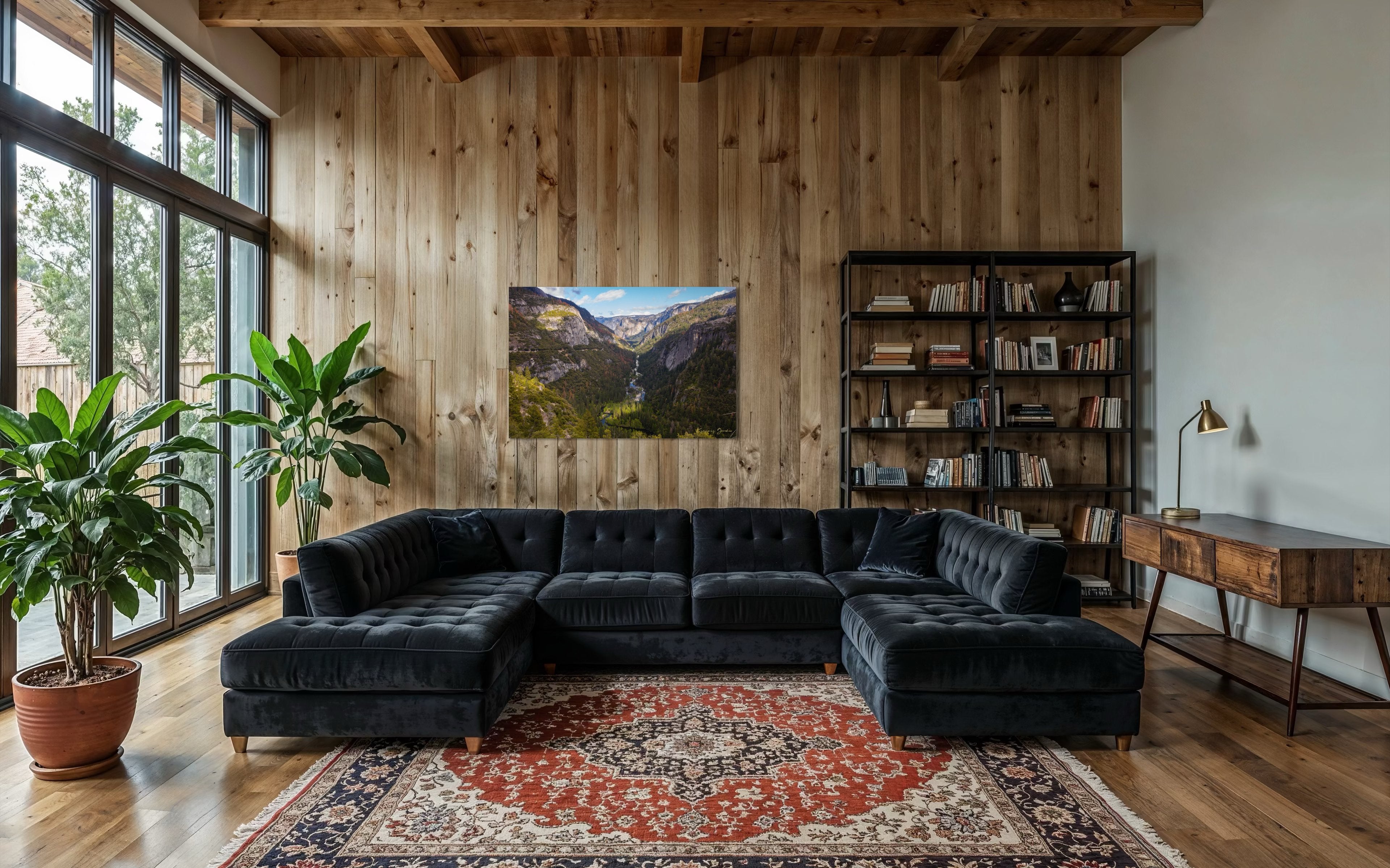 Merced River winding through a wooded valley in Yosemite National Park under daylight and soft evening sun with scattered clouds. #Finish_Acrylic Recess