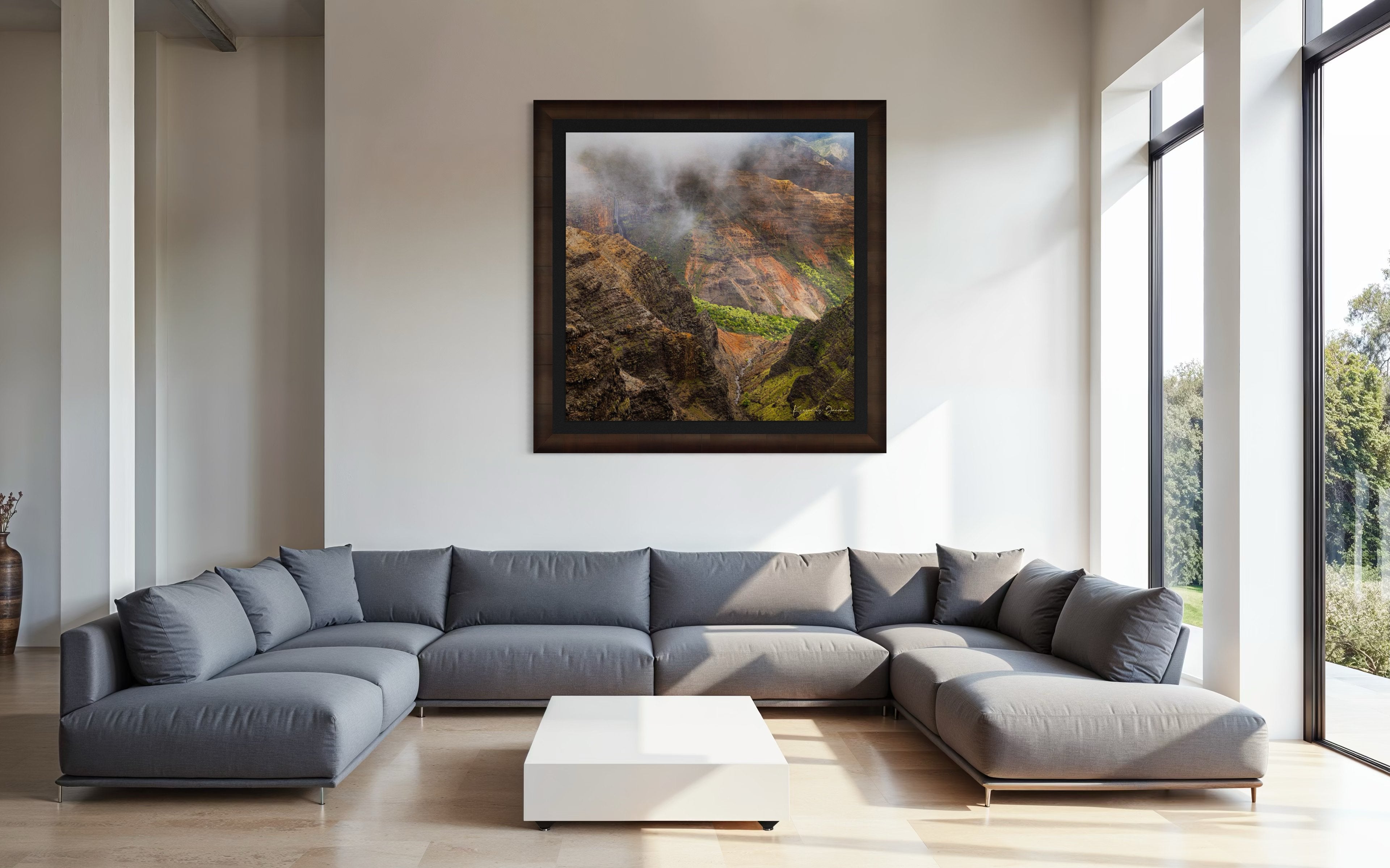 Waterfall descending into Waimea Canyon on Kauai, mist rising through dense foliage in foggy conditions. #Finish_Roma Cigar Leaf Frame & Dark Liner