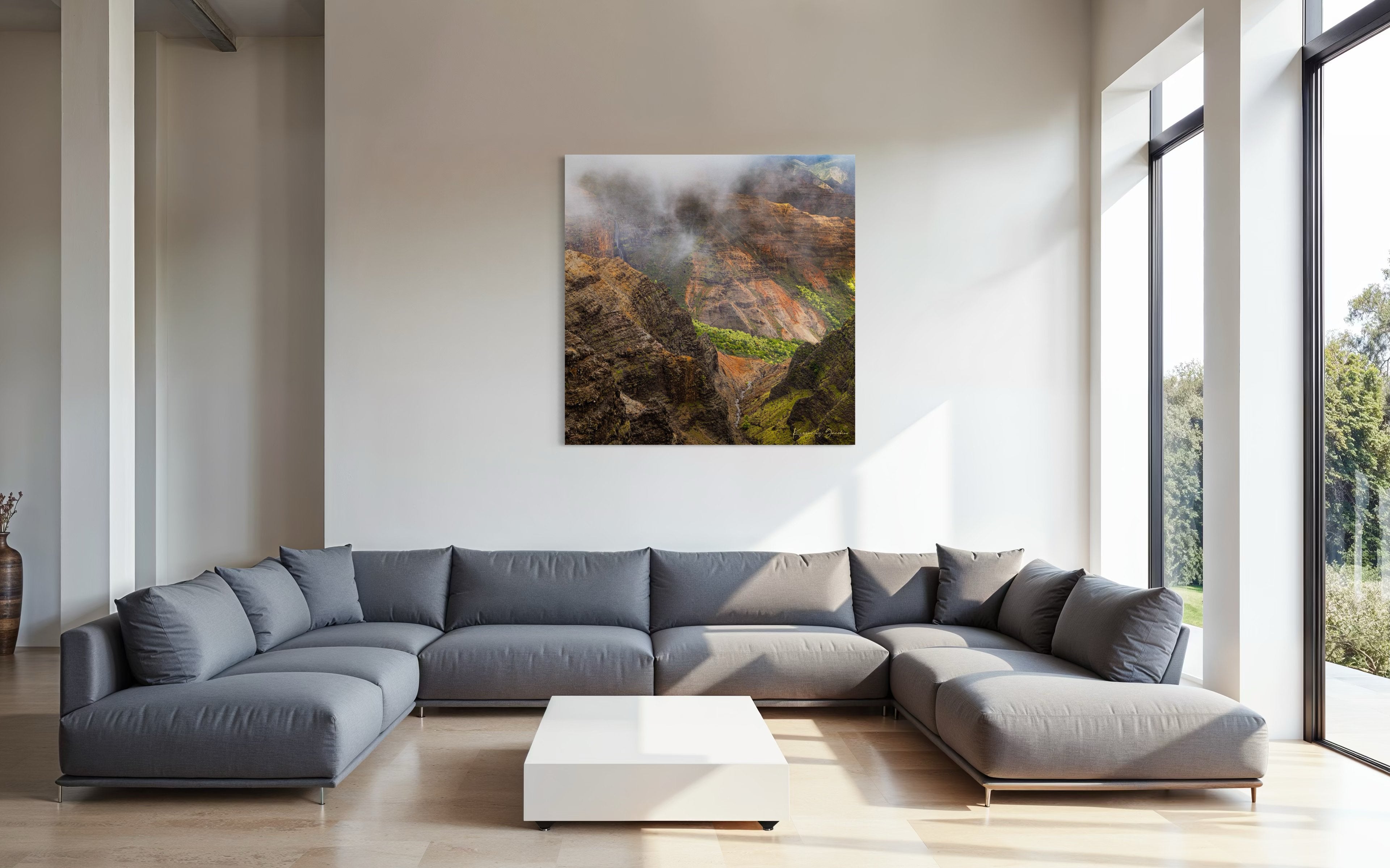 Waterfall descending into Waimea Canyon on Kauai, mist rising through dense foliage in foggy conditions. #Finish_Acrylic Recess