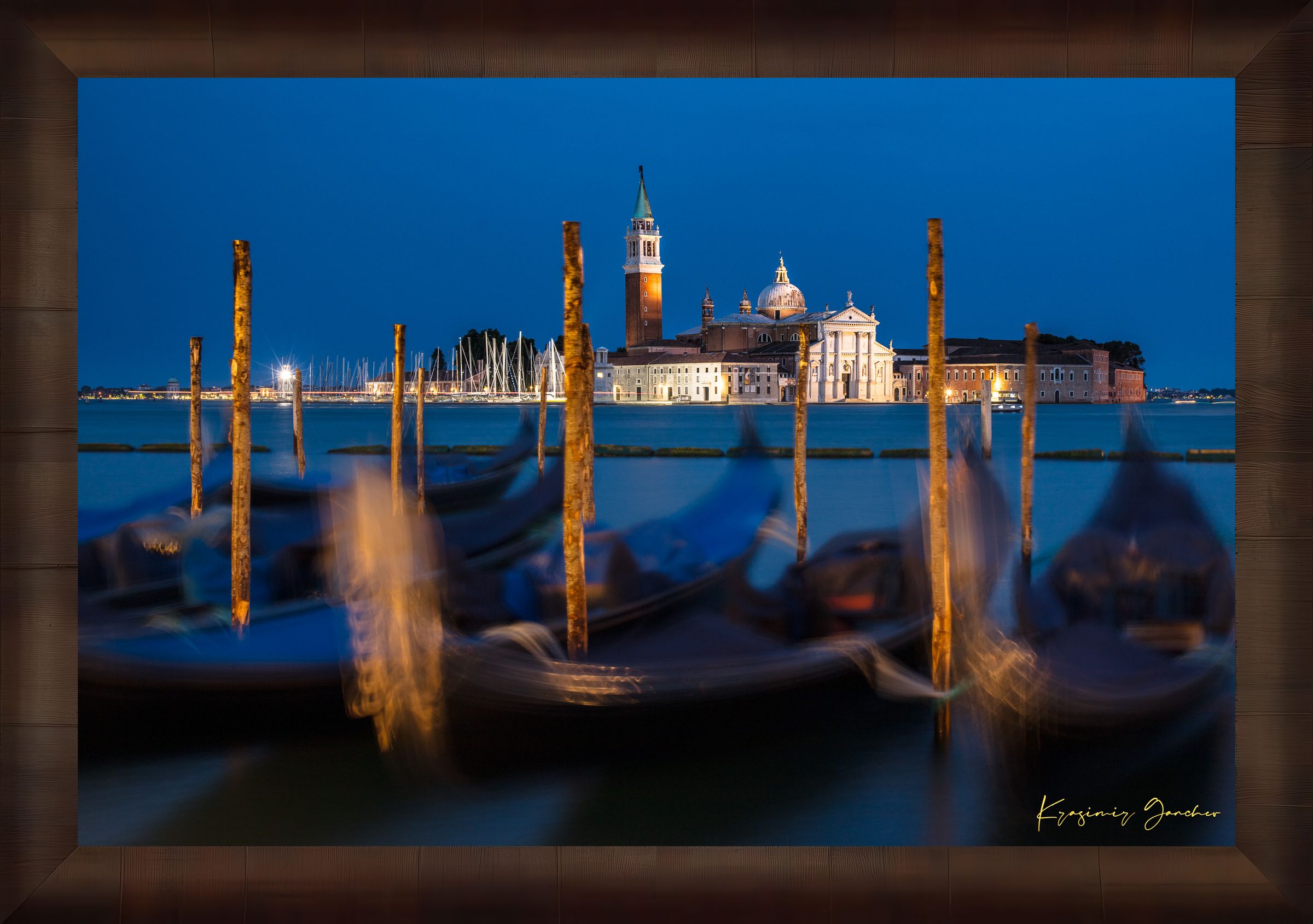 Venice lagoon at evening, San Giorgio Maggiore Church illuminated with gondolas and cool blue sky. #Finish_Roma Cigar Leaf Frame