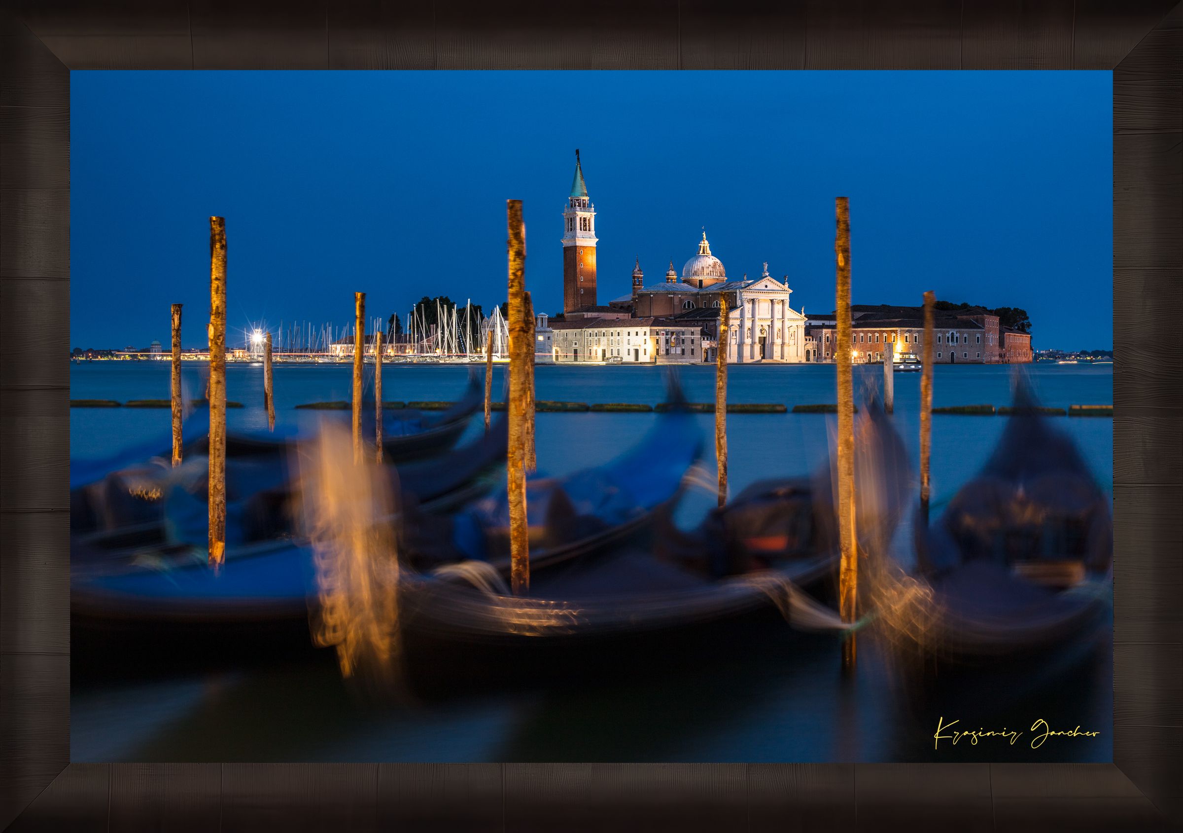 Venice lagoon at evening, San Giorgio Maggiore Church illuminated with gondolas and cool blue sky. #Finish_Roma Dark Ash Frame