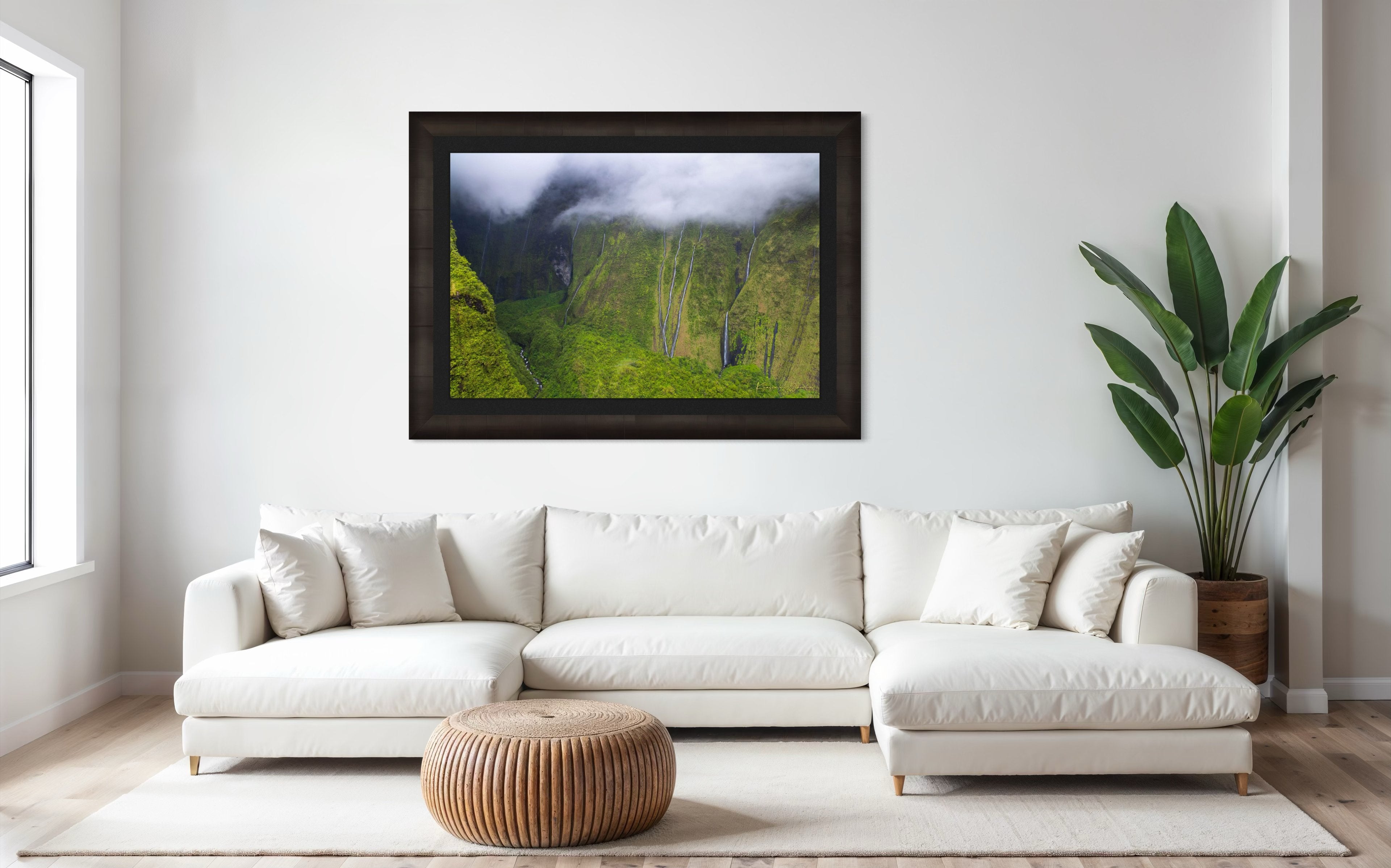 Multiple cascading waterfalls descending a cliff face in the Weeping Wall region, Kauai, during daylight under cloud cover. #Finish_Roma Dark Ash Frame & Dark Liner