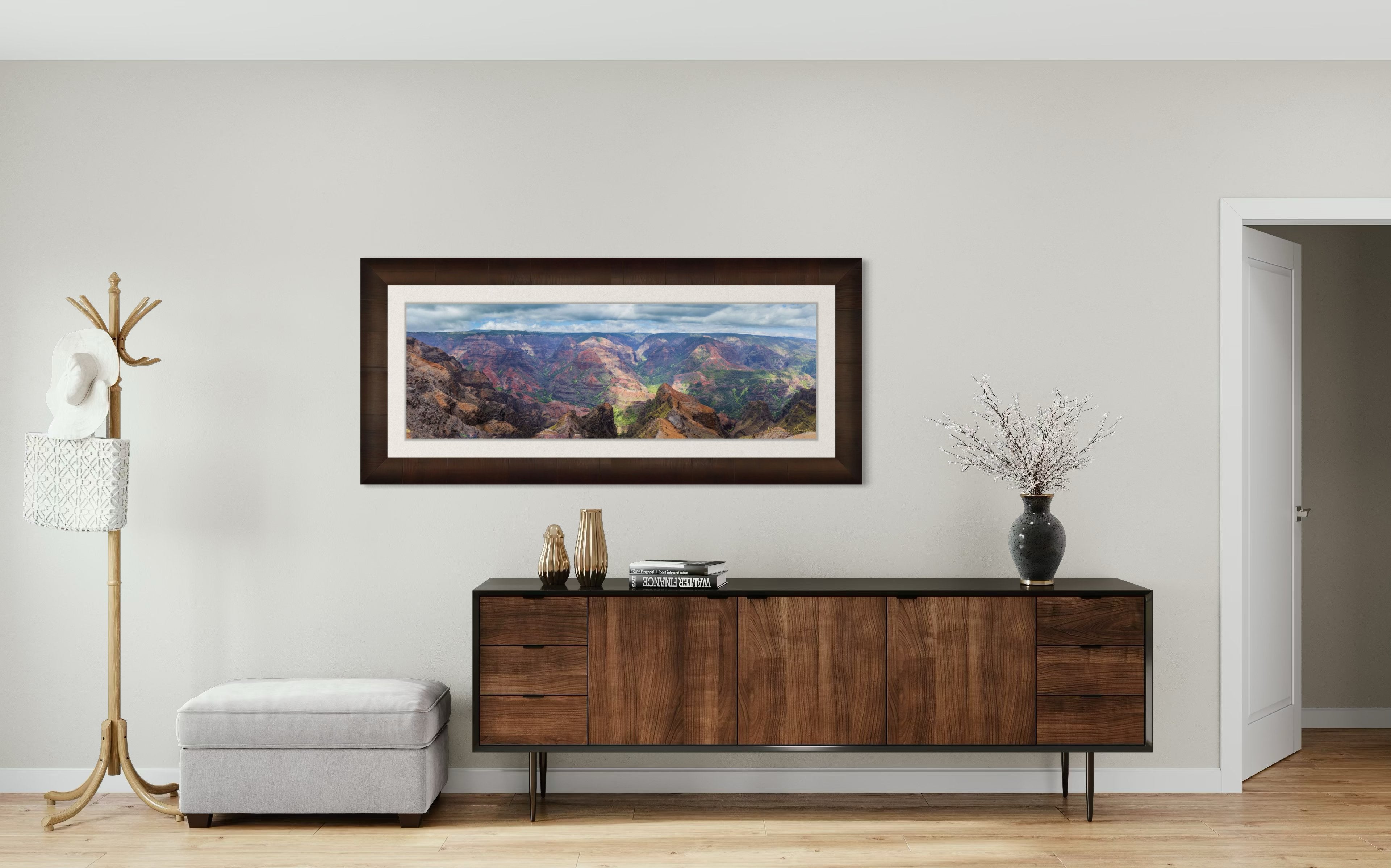 Rugged canyon landscape of Waimea Canyon on Kauai with light and shadow across eroded terrain under clouds. #Finish_Roma Cigar Leaf Frame & Bright Liner