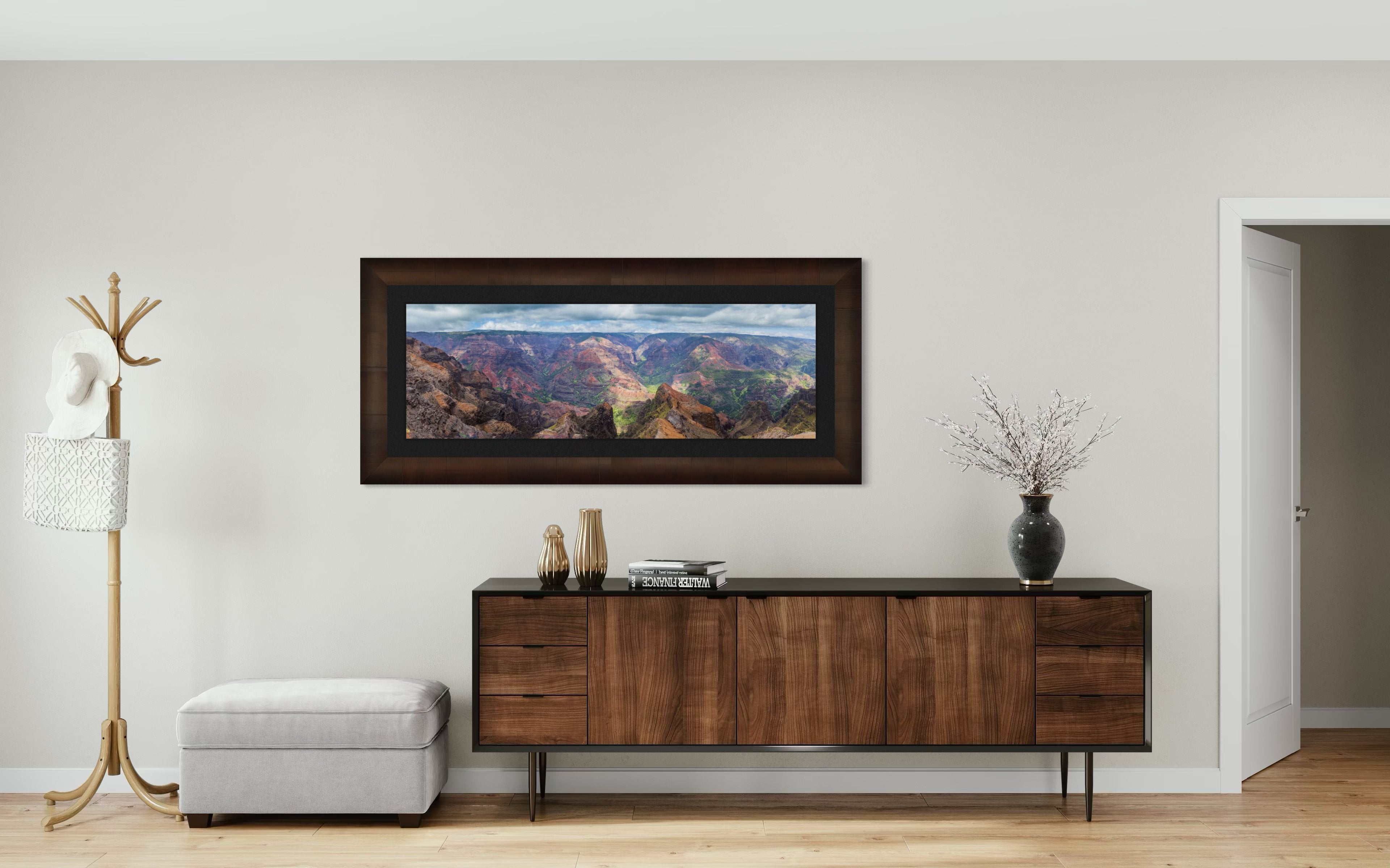 Rugged canyon landscape of Waimea Canyon on Kauai with light and shadow across eroded terrain under clouds. #Finish_Roma Cigar Leaf Frame & Dark Liner