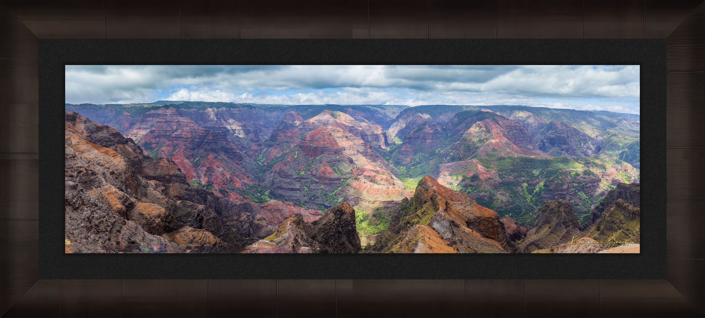 Rugged canyon landscape of Waimea Canyon on Kauai with light and shadow across eroded terrain under clouds. #Finish_Roma Dark Ash Frame & Dark Liner