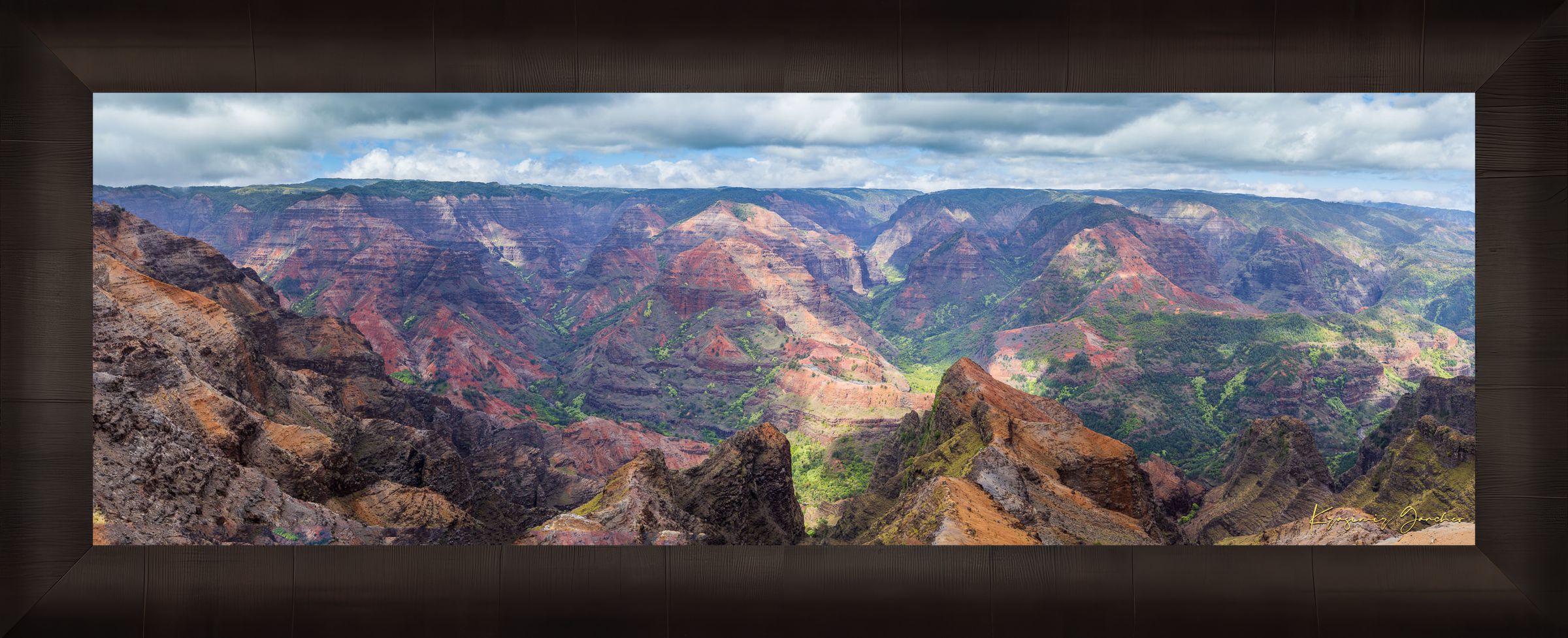 Rugged canyon landscape of Waimea Canyon on Kauai with light and shadow across eroded terrain under clouds. #Finish_Roma Dark Ash Frame