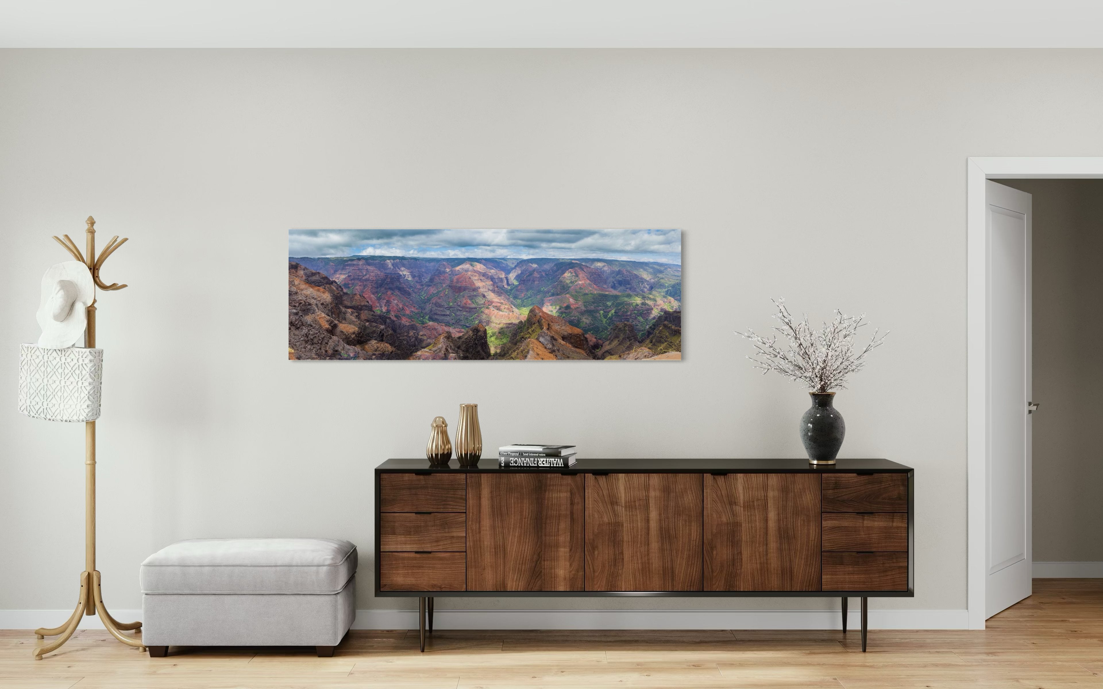 Rugged canyon landscape of Waimea Canyon on Kauai with light and shadow across eroded terrain under clouds. #Finish_Acrylic Recess