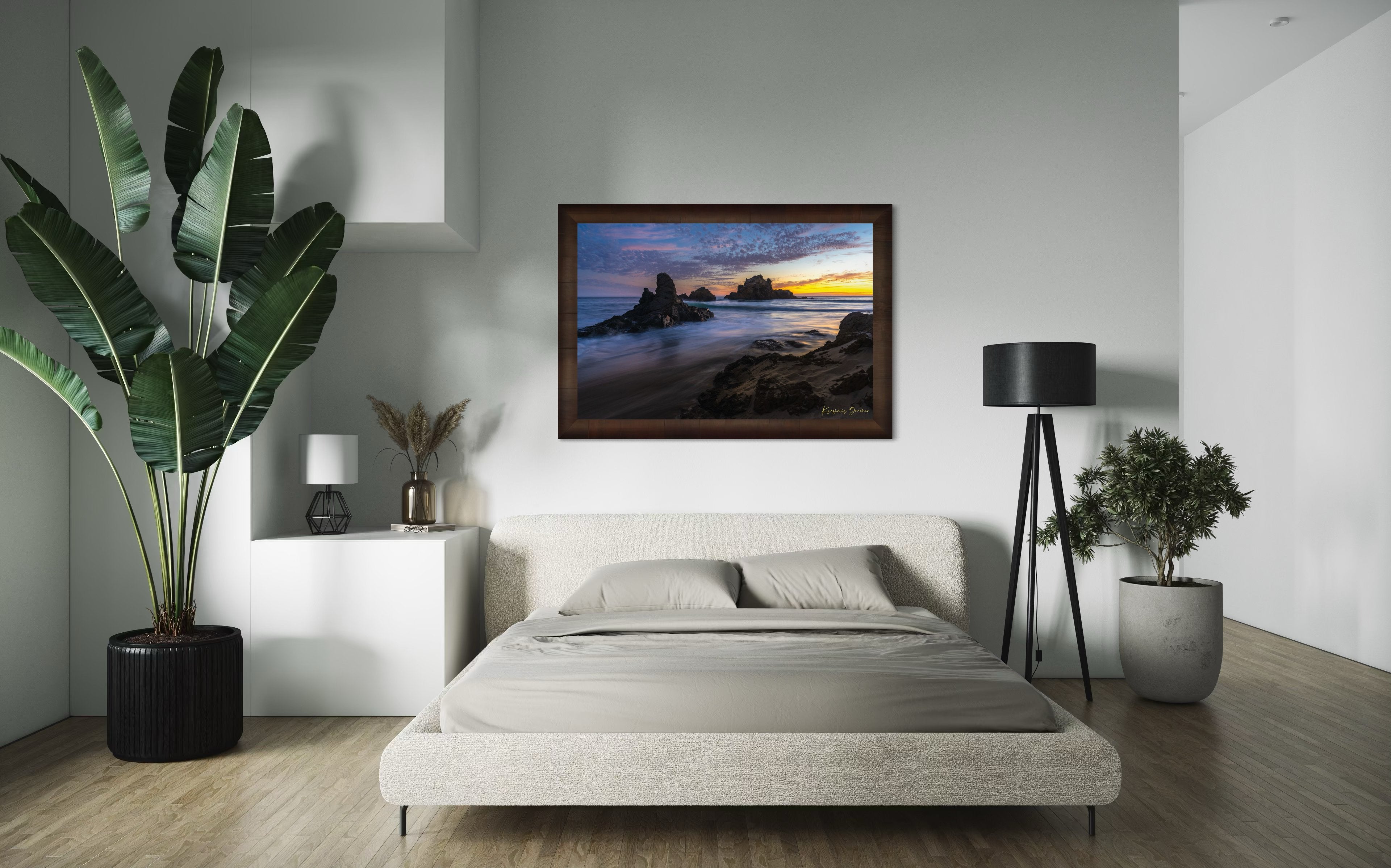 Sunset on Pfeiffer Beach, Big Sur, California, showing ocean waves and coastal rocks under soft light. #Finish_Roma Cigar Leaf Frame