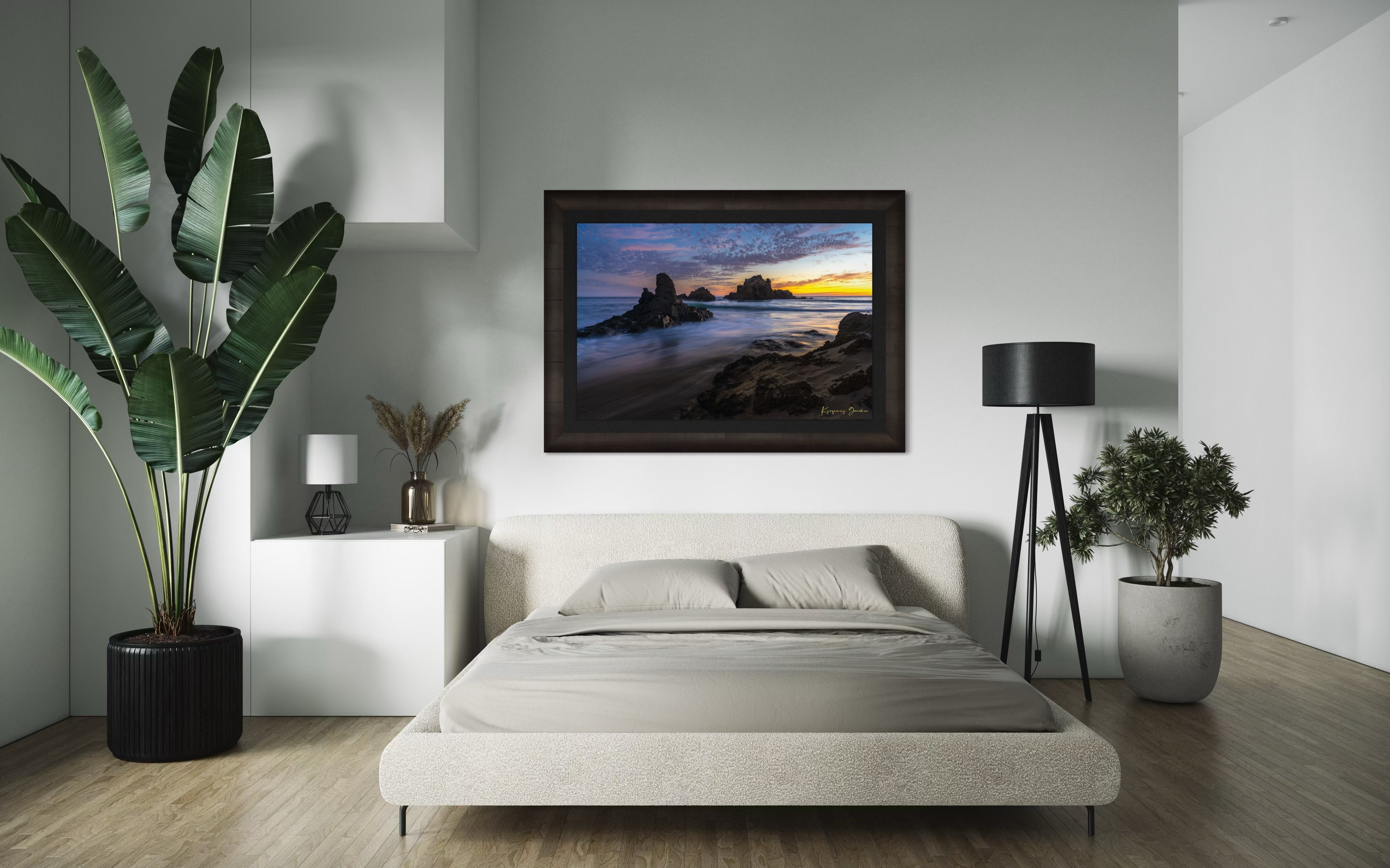 Sunset on Pfeiffer Beach, Big Sur, California, showing ocean waves and coastal rocks under soft light. #Finish_Roma Dark Ash Frame & Dark Liner