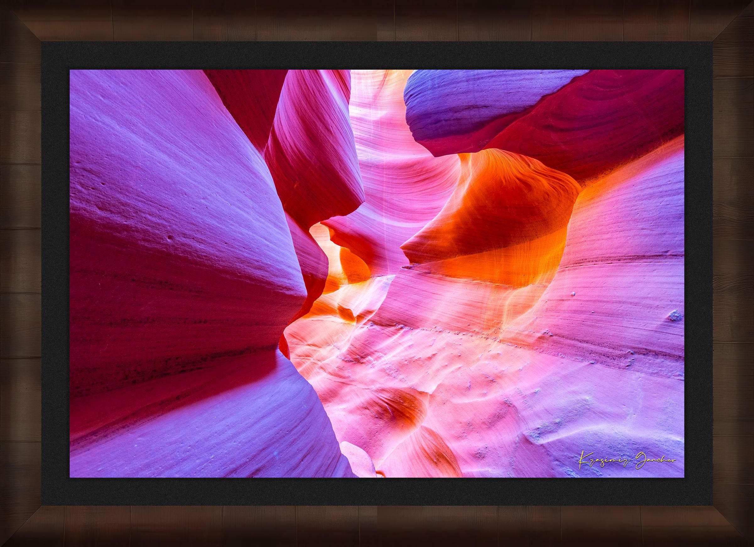 Vertical sunlight piercing a narrow canyon in page, highlighting layered sandstone walls. #Finish_Roma Cigar Leaf Frame & Dark Liner