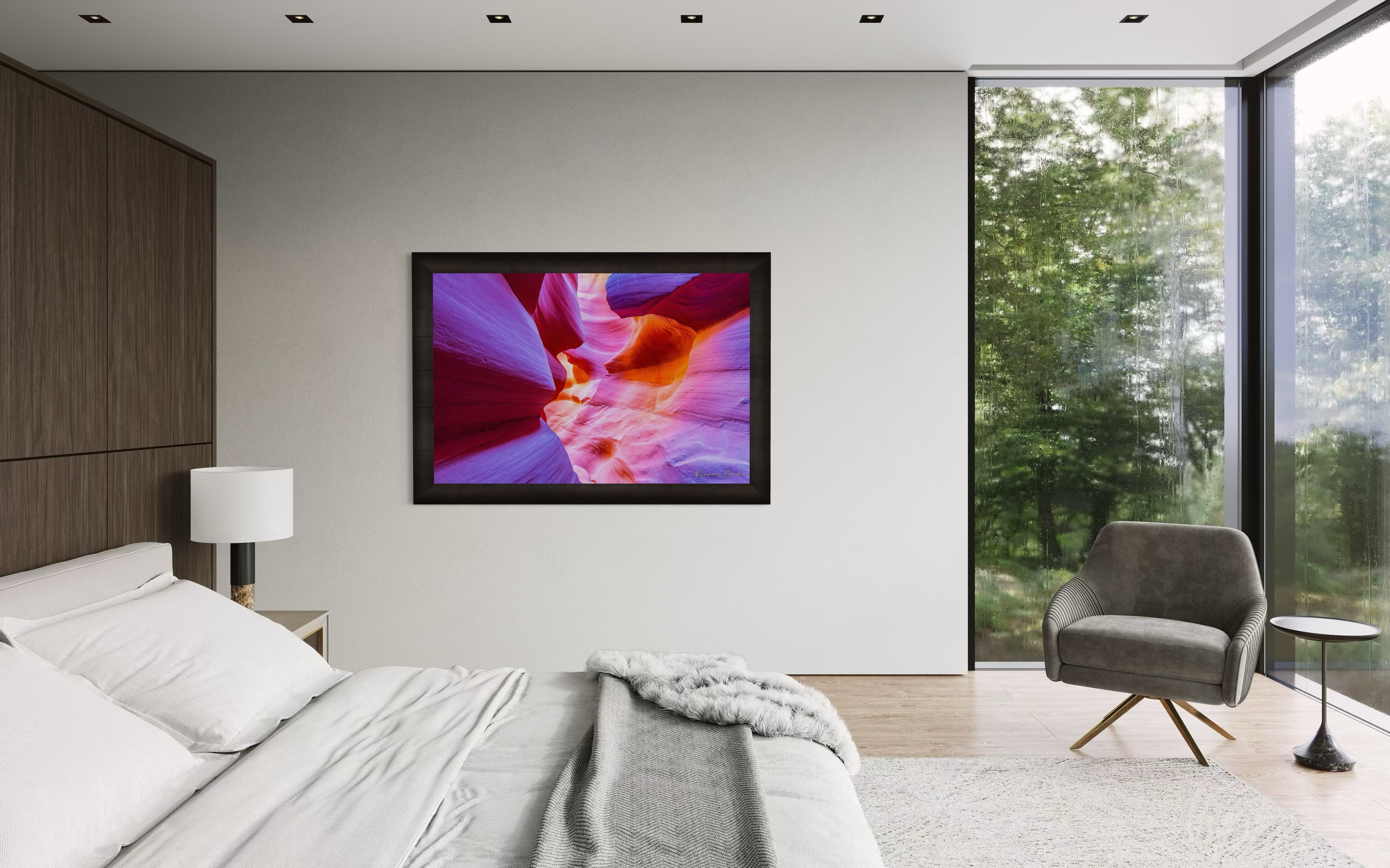 Vertical sunlight piercing a narrow canyon in page, highlighting layered sandstone walls. #Finish_Roma Dark Ash Frame