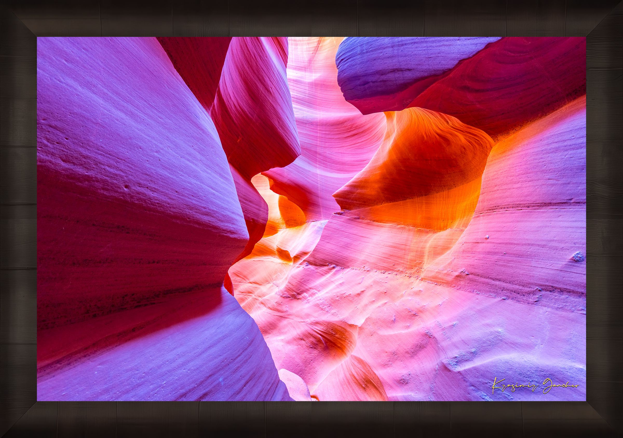 Vertical sunlight piercing a narrow canyon in page, highlighting layered sandstone walls. #Finish_Roma Dark Ash Frame