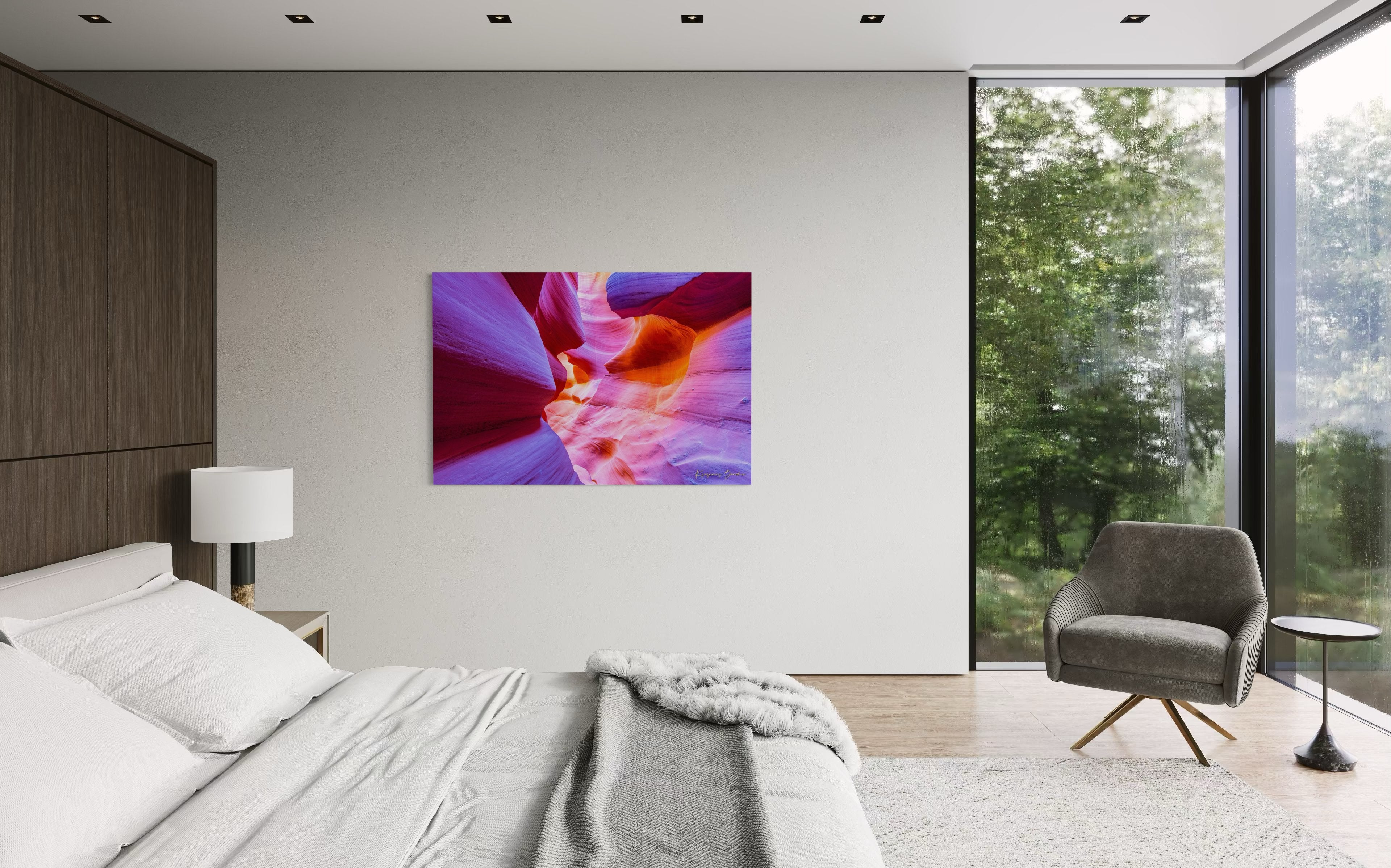 Vertical sunlight piercing a narrow canyon in page, highlighting layered sandstone walls. #Finish_Acrylic Recess