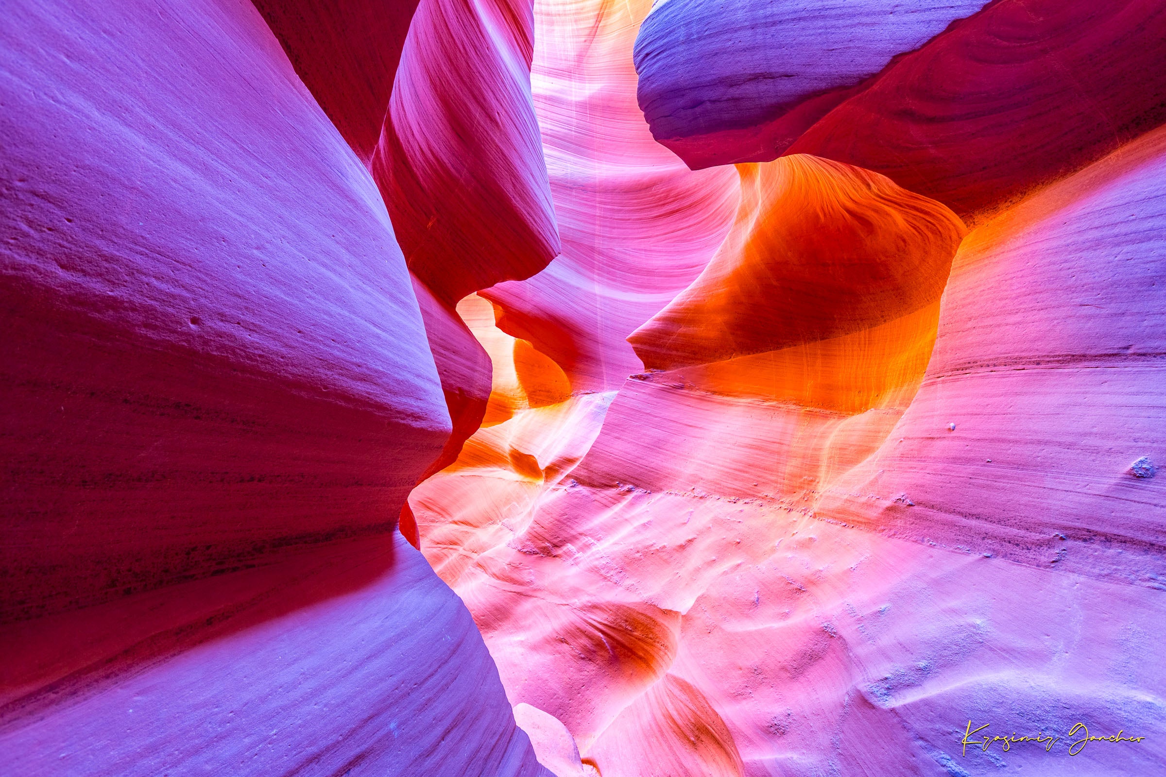 Vertical sunlight piercing a narrow canyon in page, highlighting layered sandstone walls. #Finish_Acrylic Recess