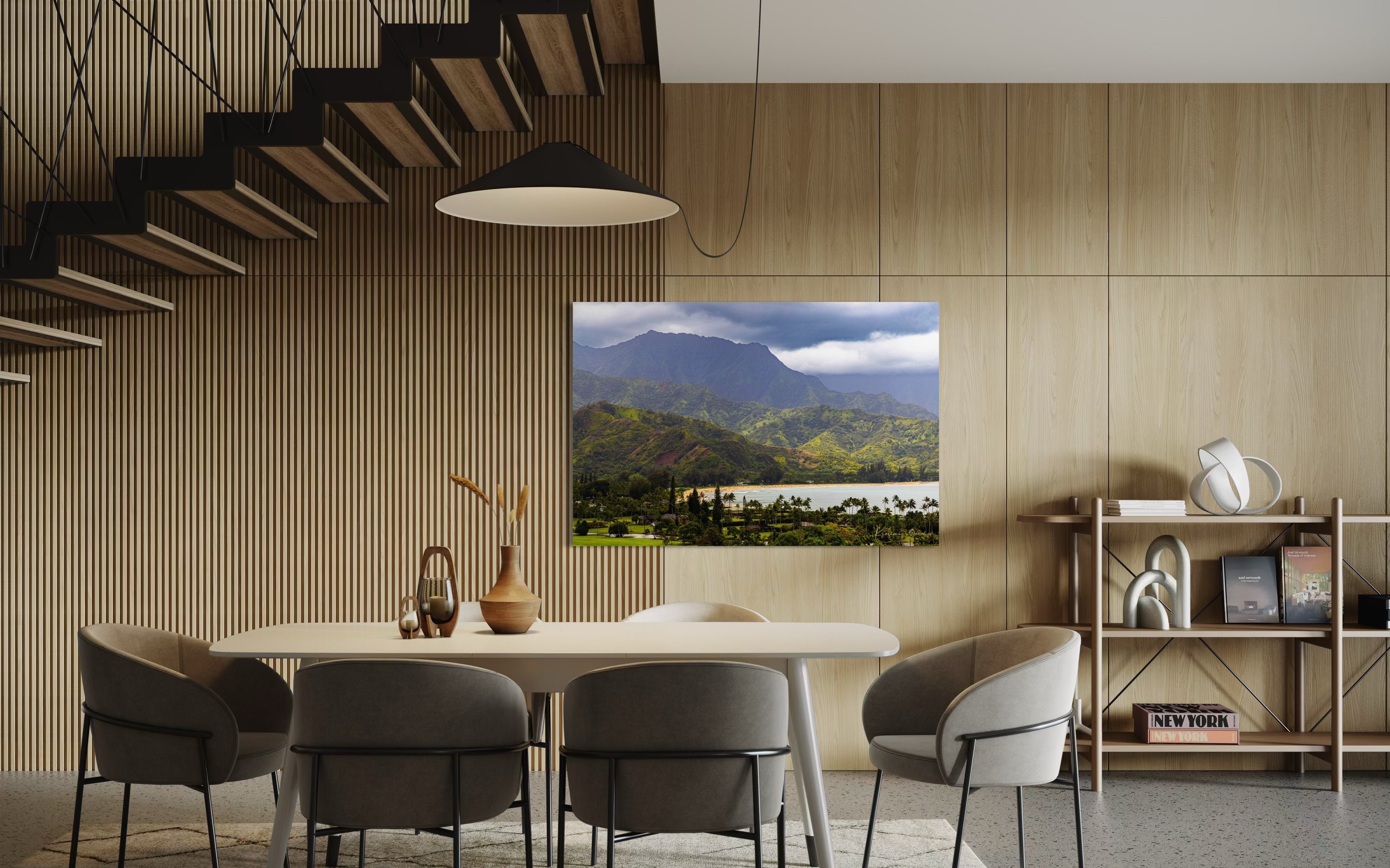 Ocean view of Hanalei Bay on Kauai's coast with lush hills and distant cloud-covered peaks. #Finish_Acrylic Recess