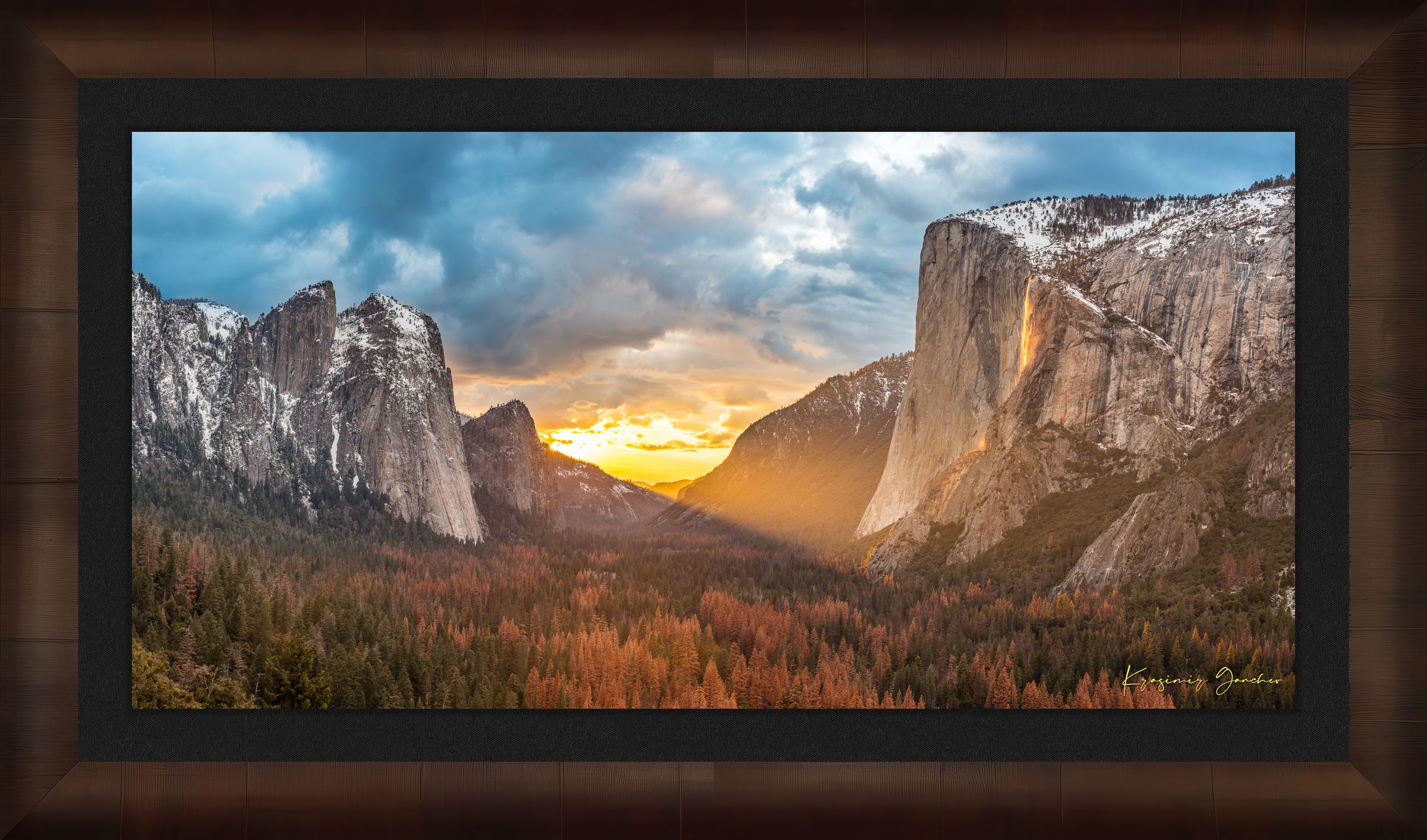 Horsetail Fall illuminated by sunset firefall glow descending the face of El Capitan in Yosemite National Park. #Finish_Roma Cigar Leaf Frame & Dark Liner