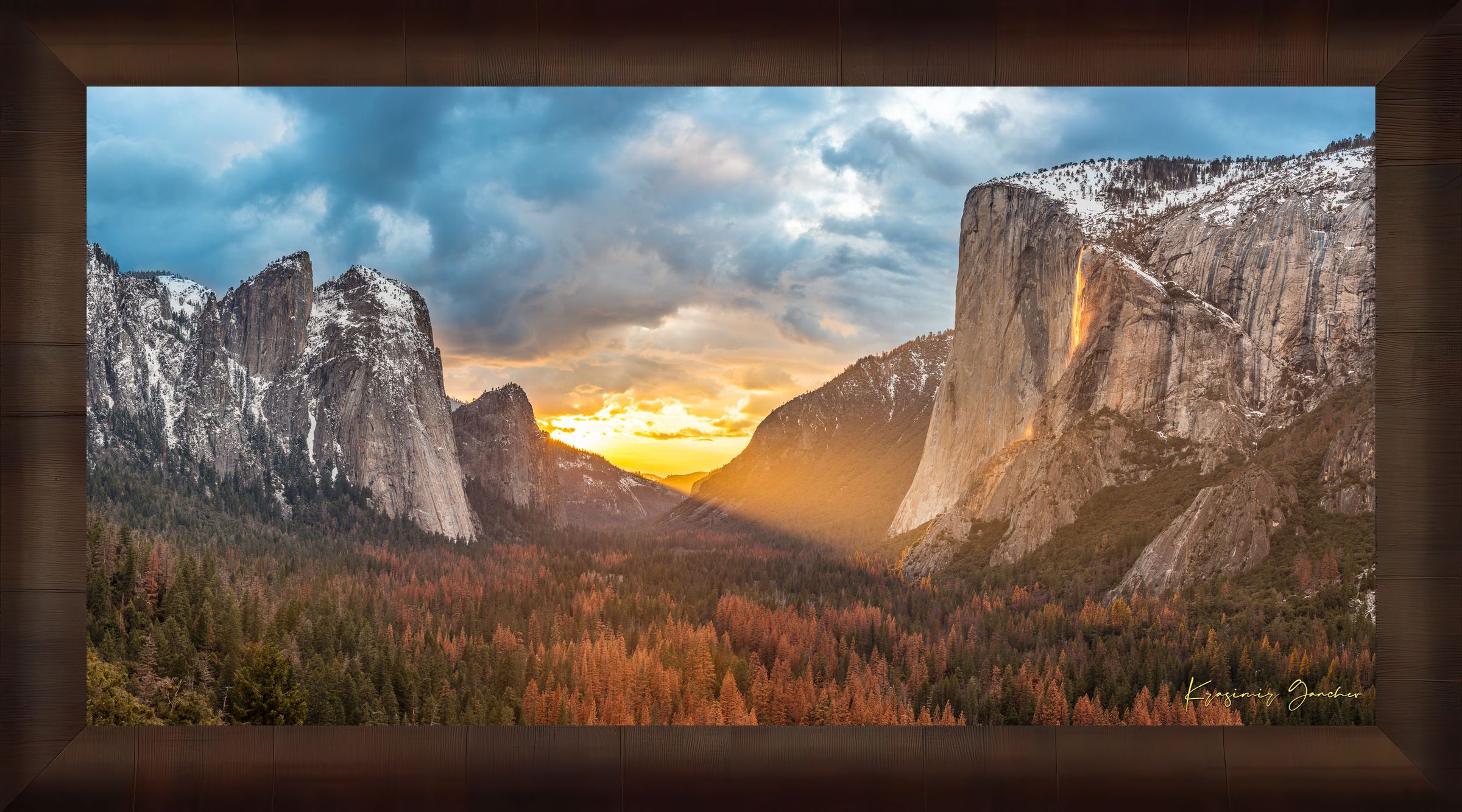 Horsetail Fall illuminated by sunset firefall glow descending the face of El Capitan in Yosemite National Park. #Finish_Roma Cigar Leaf Frame