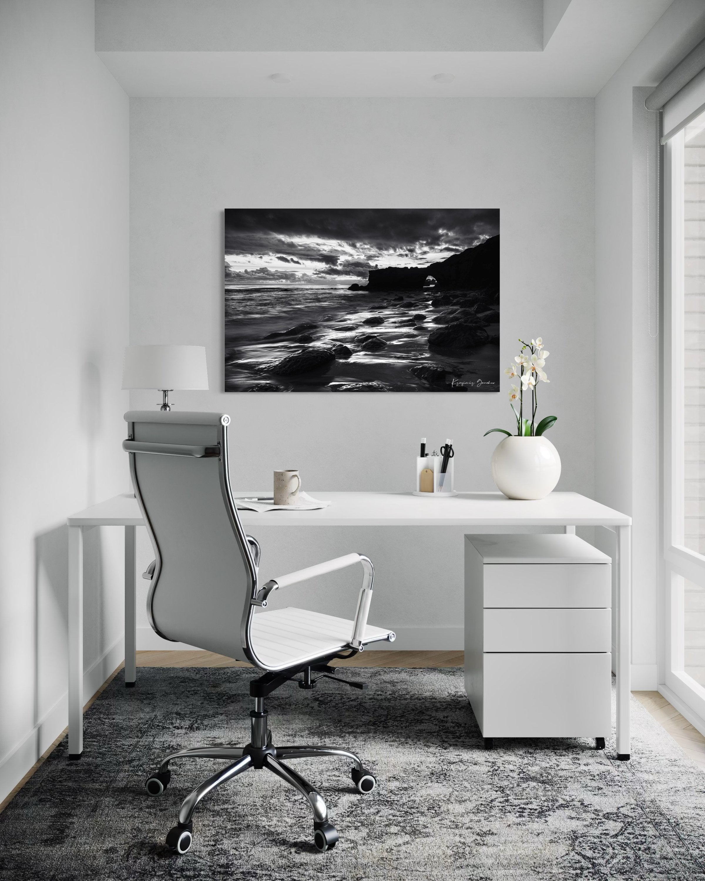 Black-and-white photograph showcasing a rock arch at Santa Cruz’s coastline during sunset with flowing waves. #Finish_Acrylic Recess