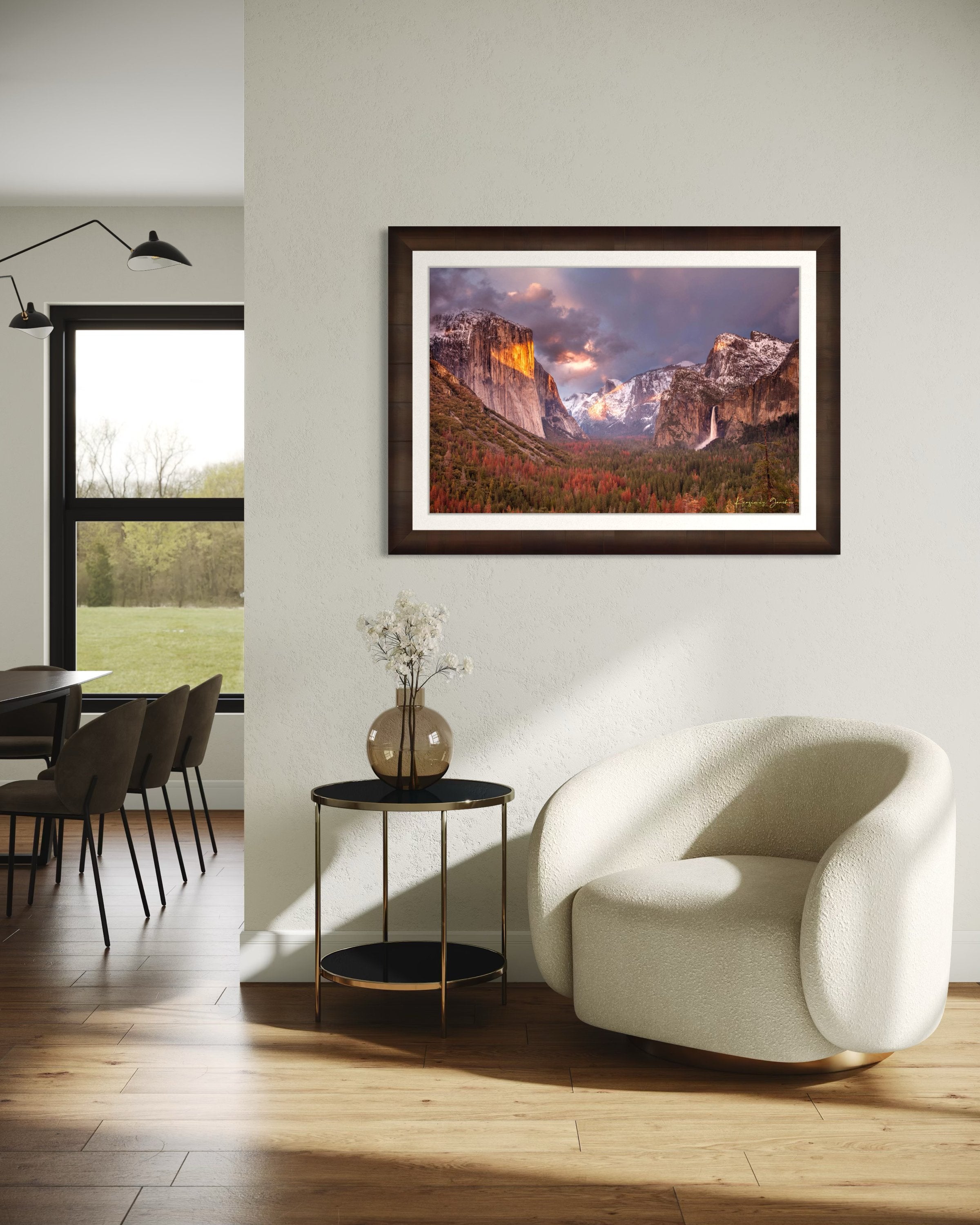 Granite monolith El Capitan rises above Yosemite Valley at golden hour, with snowy peaks and falling waterfall. #Finish_Roma Cigar Leaf Frame & Bright Liner