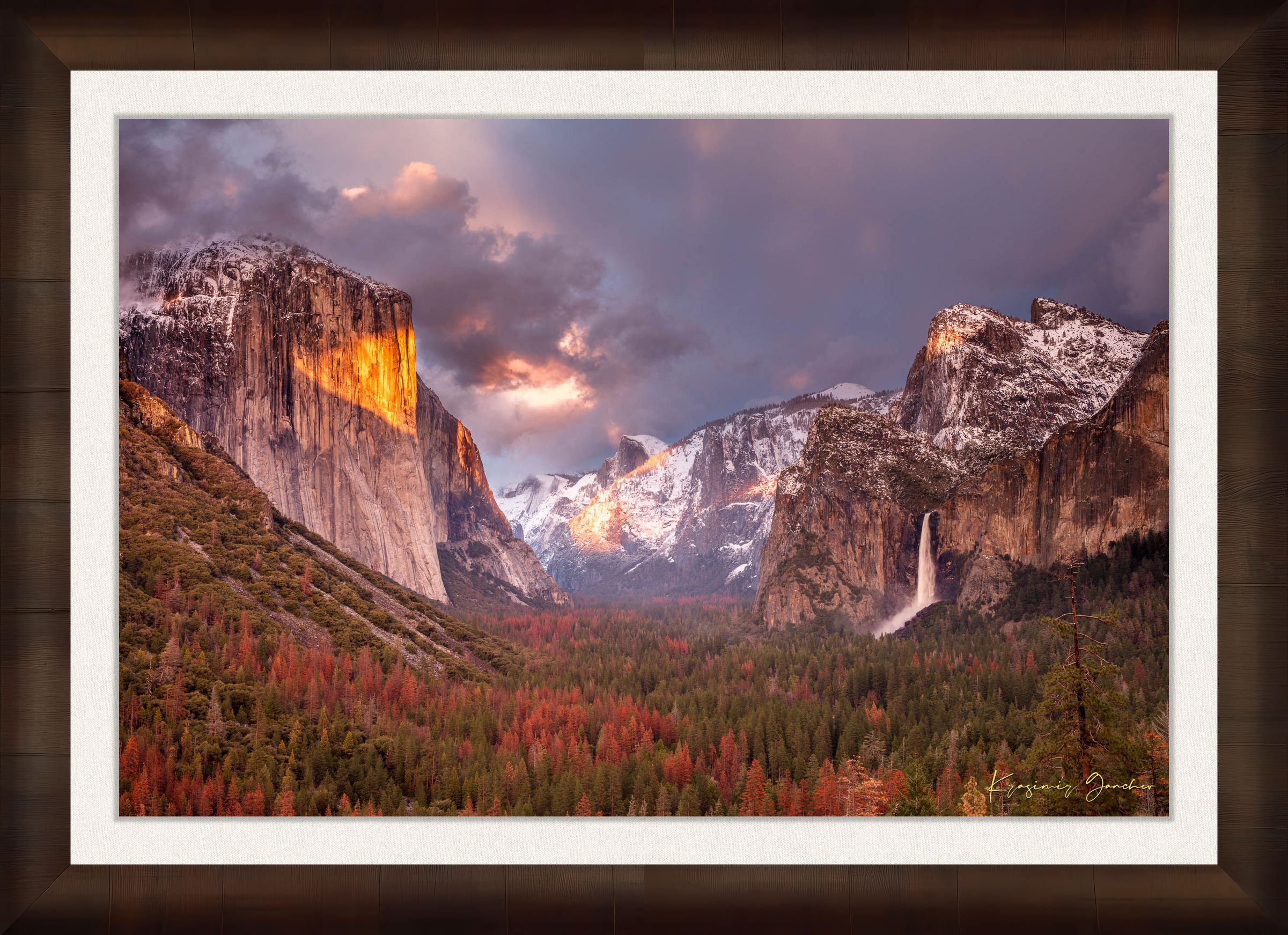 Granite monolith El Capitan rises above Yosemite Valley at golden hour, with snowy peaks and falling waterfall. #Finish_Roma Cigar Leaf Frame & Bright Liner