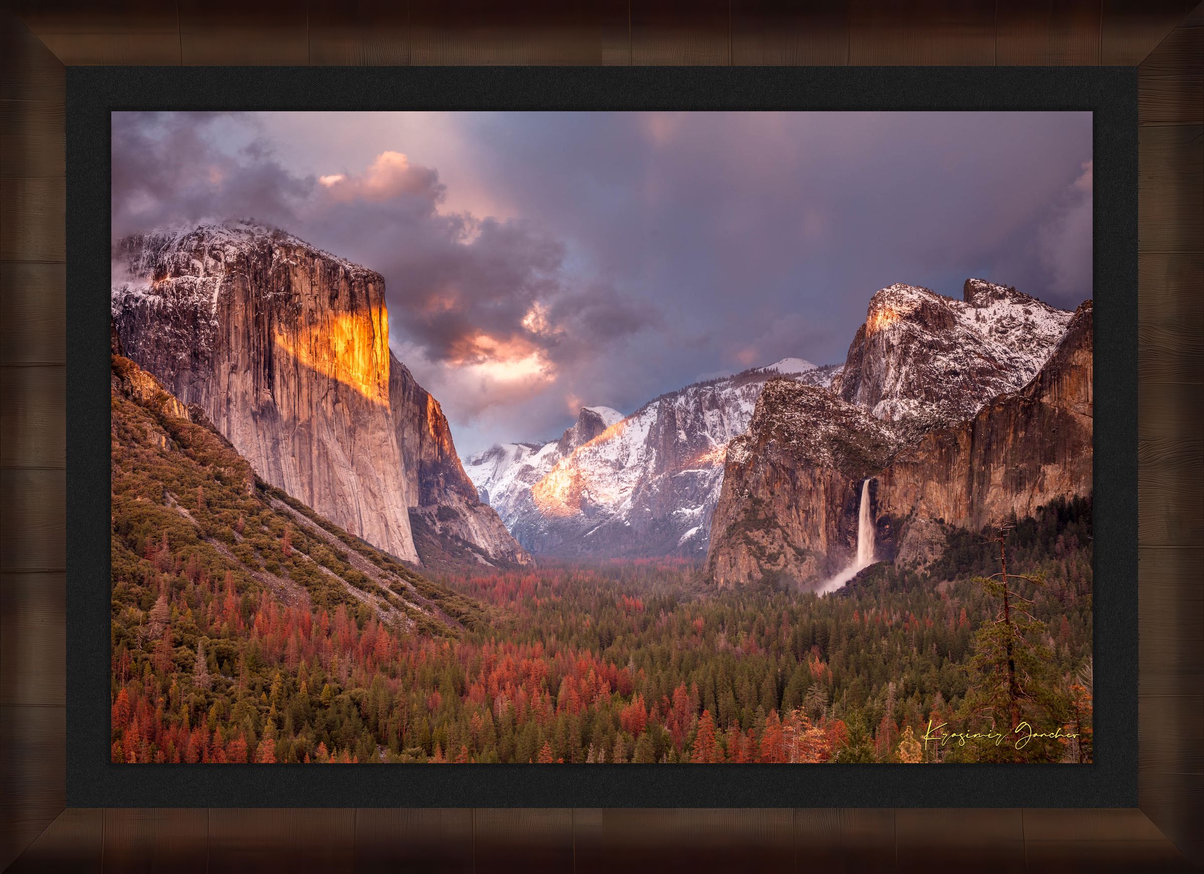 Granite monolith El Capitan rises above Yosemite Valley at golden hour, with snowy peaks and falling waterfall. #Finish_Roma Cigar Leaf Frame & Dark Liner