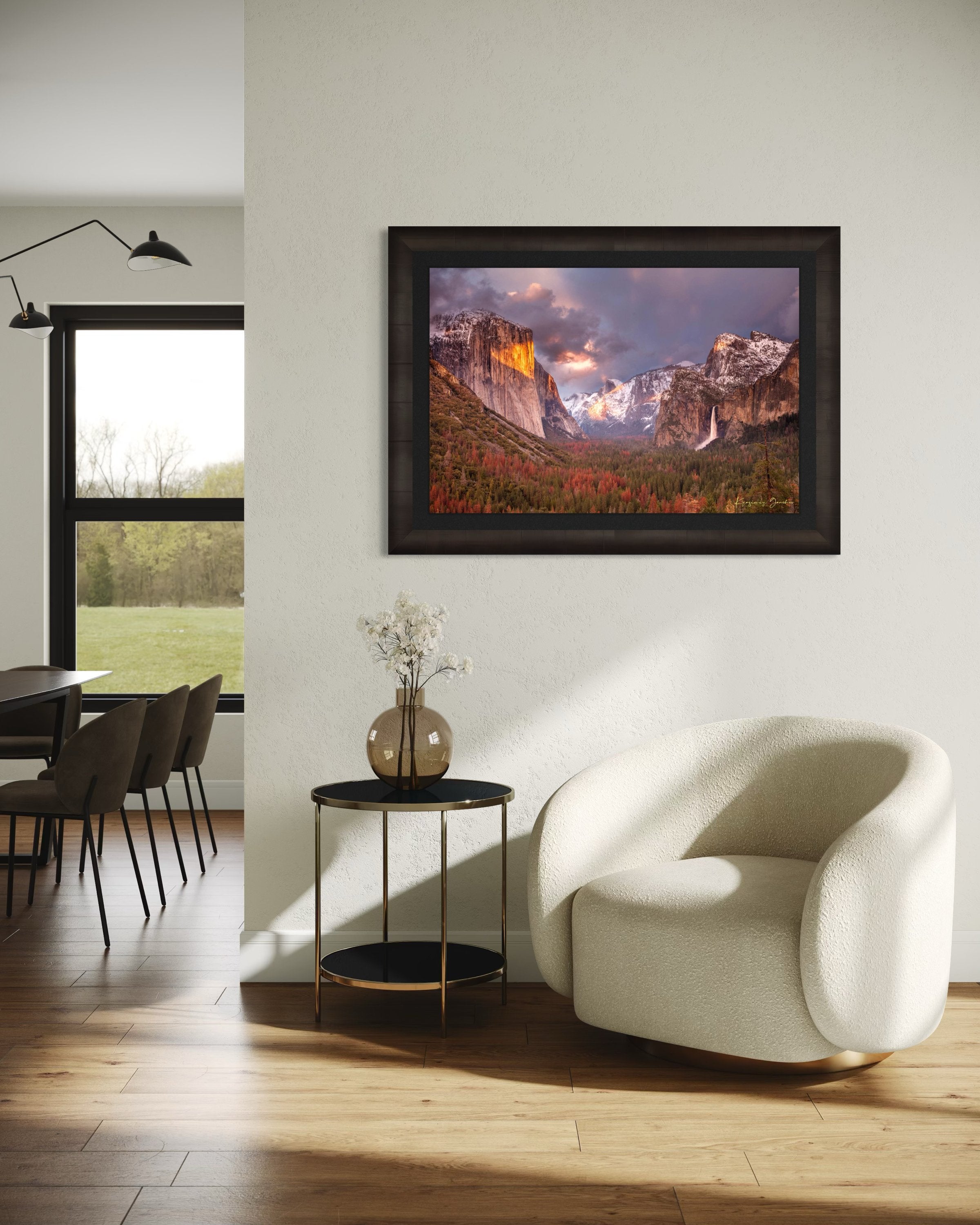 Granite monolith El Capitan rises above Yosemite Valley at golden hour, with snowy peaks and falling waterfall. #Finish_Roma Dark Ash Frame & Dark Liner