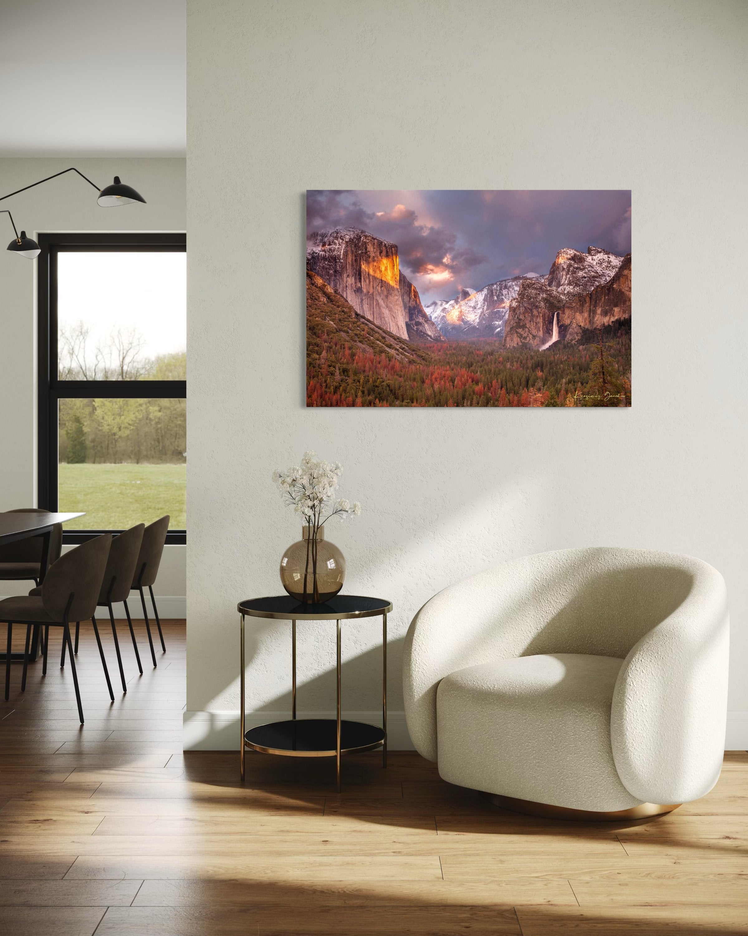 Granite monolith El Capitan rises above Yosemite Valley at golden hour, with snowy peaks and falling waterfall. #Finish_Acrylic Recess