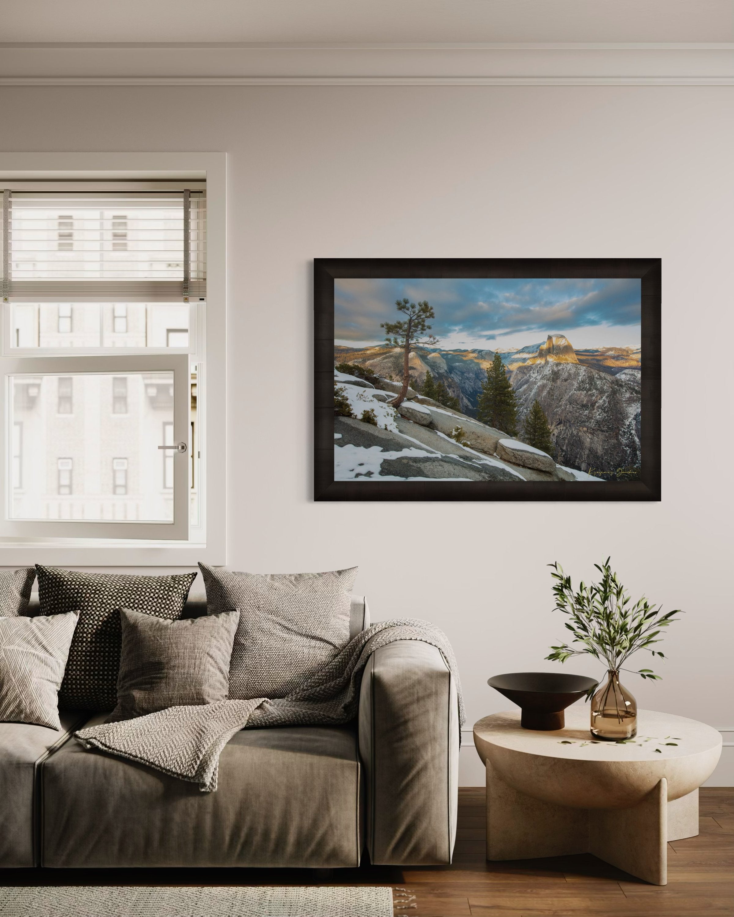 Majestic Half Dome in Yosemite National Park bathed in golden sunset light, covered in snow with wisps of cloud moving across the sky. #Finish_Roma Dark Ash Frame