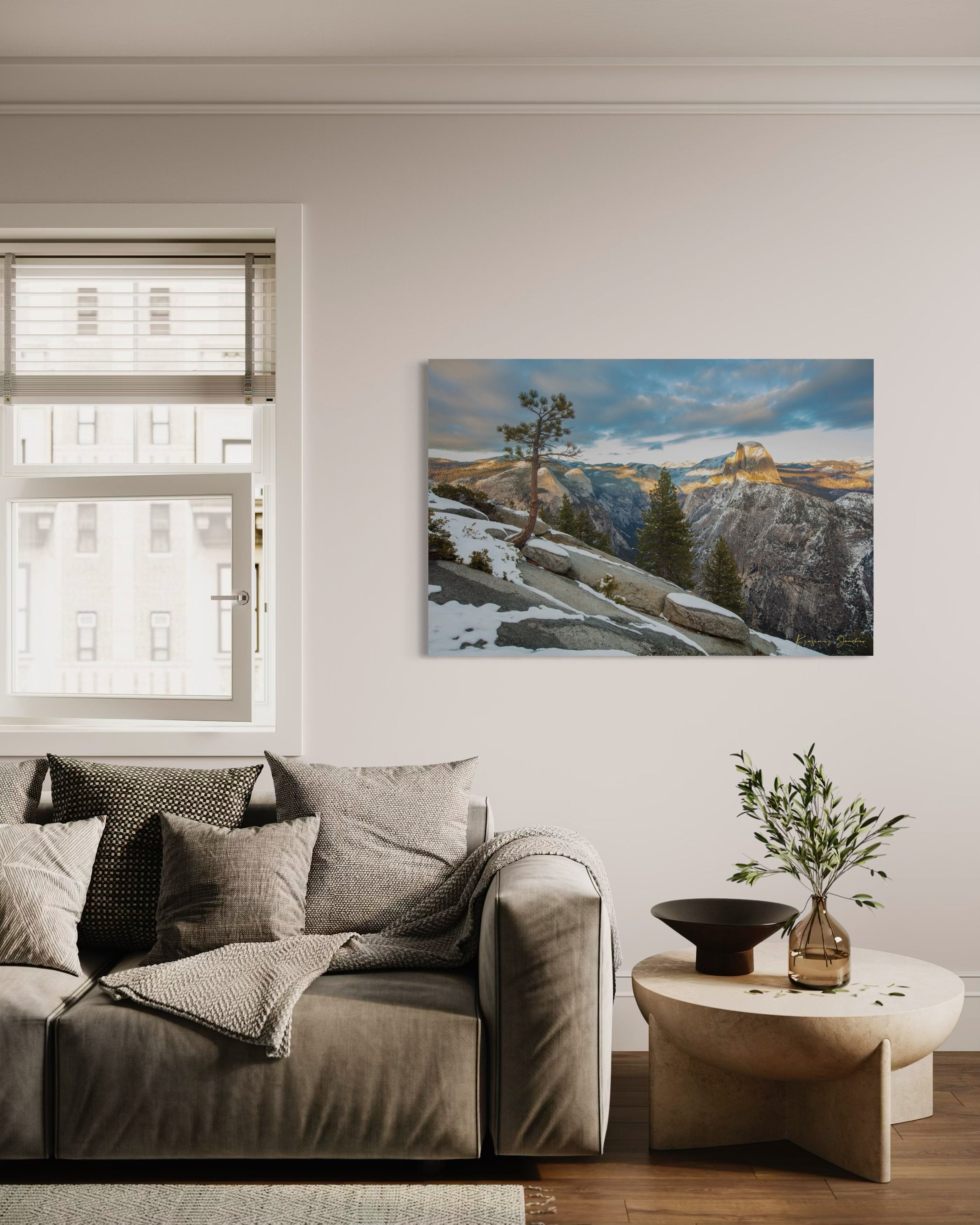 Majestic Half Dome in Yosemite National Park bathed in golden sunset light, covered in snow with wisps of cloud moving across the sky. #Finish_Acrylic Recess