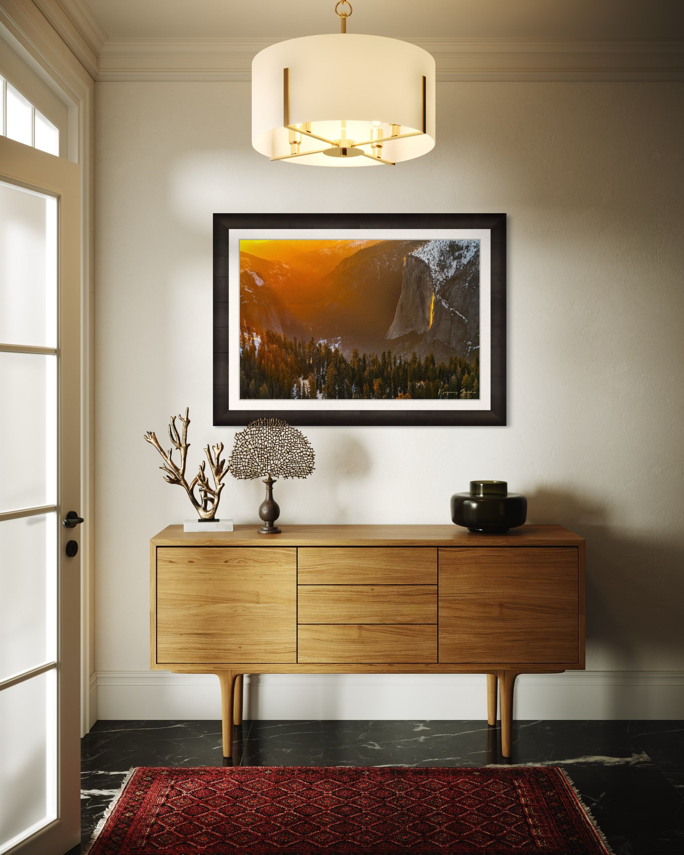 El Capitan illuminated by firefall light as a waterfall glows orange in Yosemite Valley. #Finish_Roma Dark Ash Frame & Bright Liner