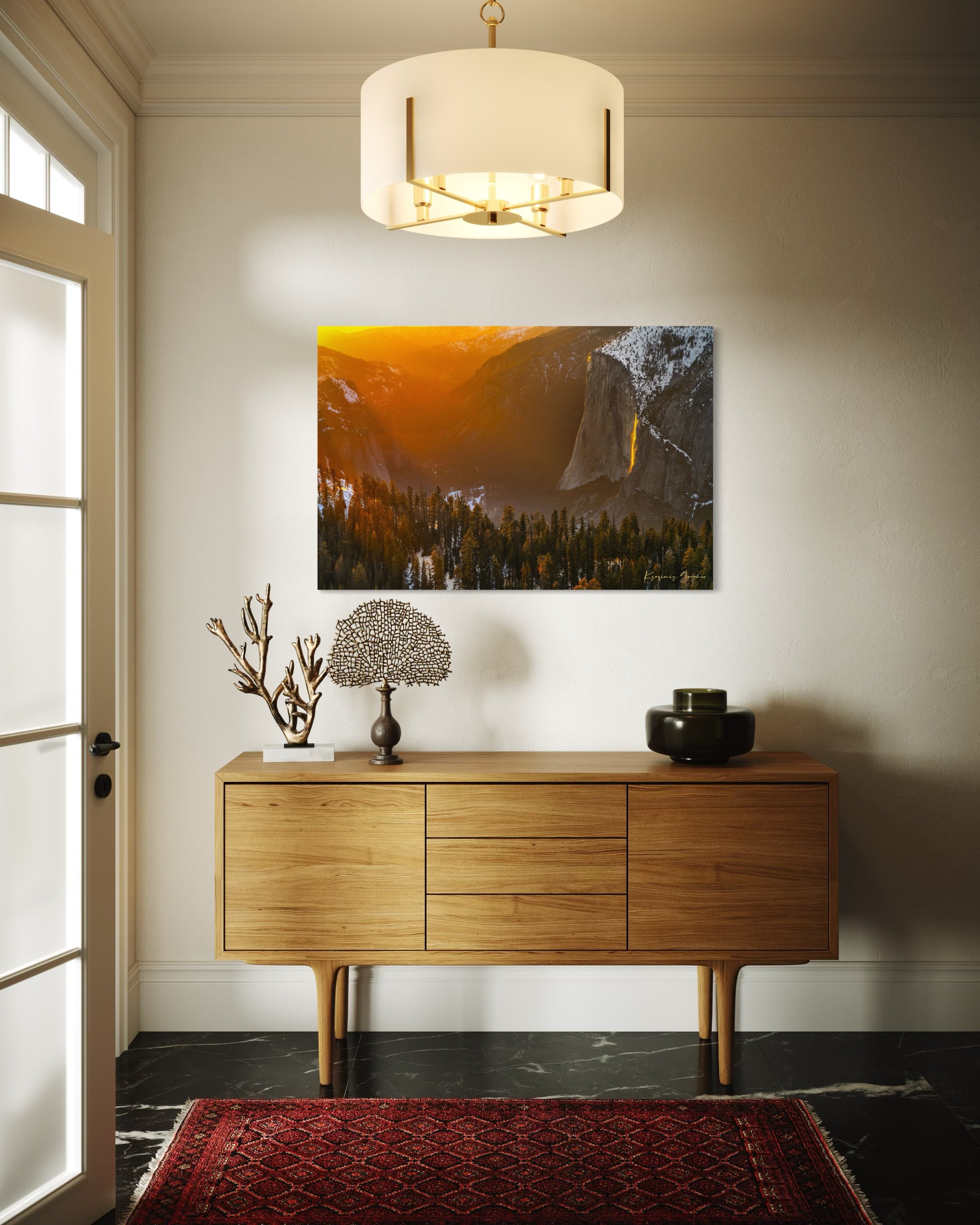 El Capitan illuminated by firefall light as a waterfall glows orange in Yosemite Valley. #Finish_Acrylic Recess