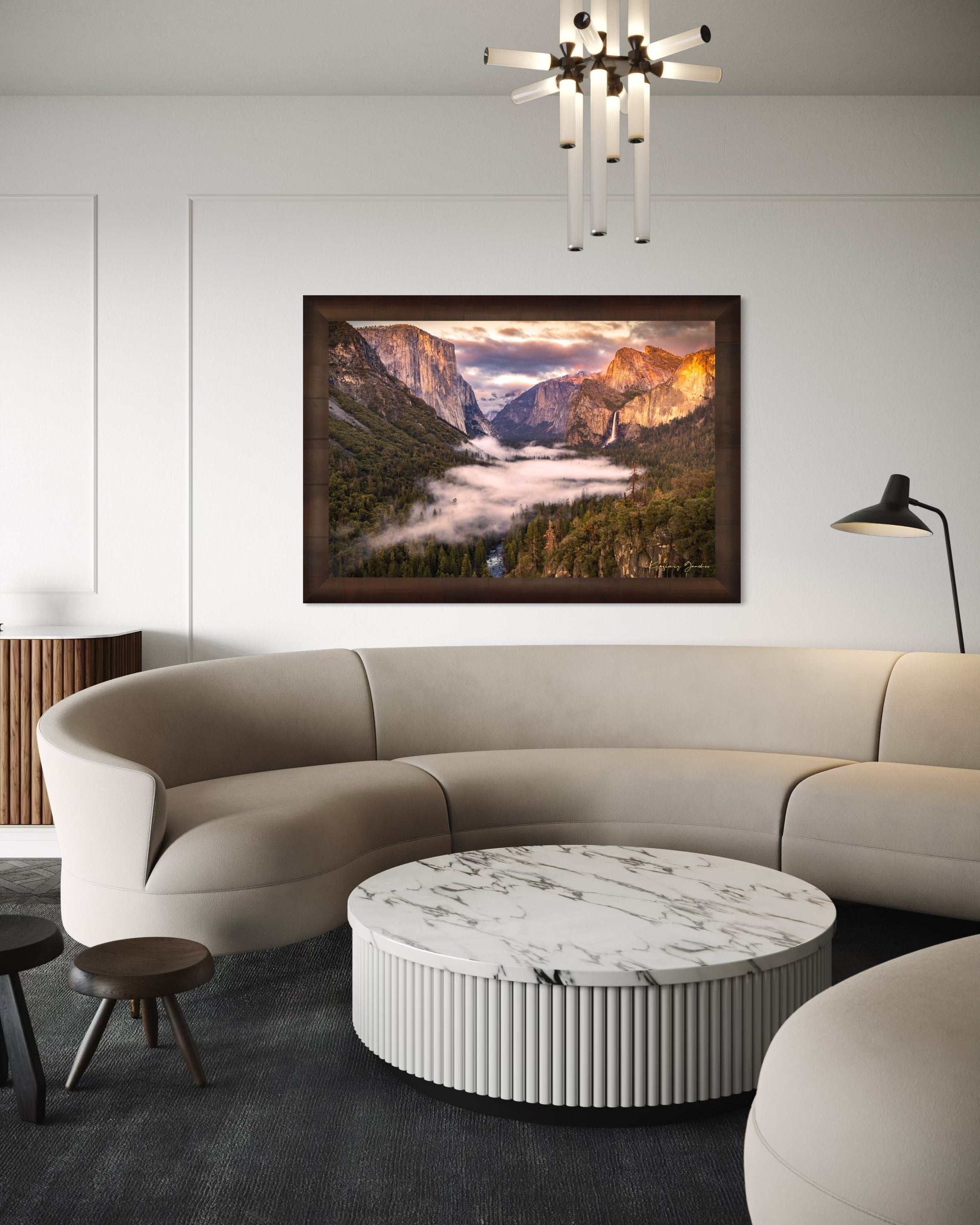 El Capitan silhouetted against sunset in Yosemite Valley, mist rising from river and waterfall beneath cloudy sky. #Finish_Roma Cigar Leaf Frame